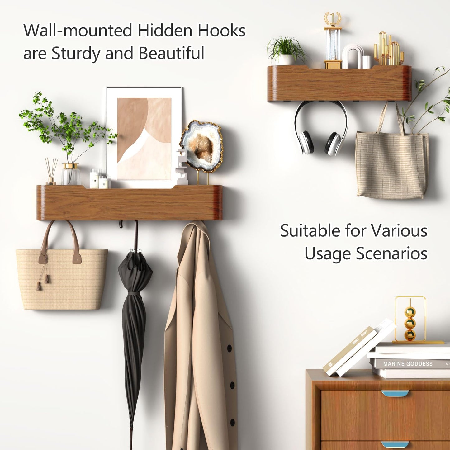 Jadoxy Coat Rack Wall Mount with Hidden Hooks Modern Key Holder Wood Entryway Hook with Shelf for Bedroom Kitchen Hallway Bathroom Designed for Hanging Coats Hats Bags Towel Dog Leashe(Walnut,5 Hooks)