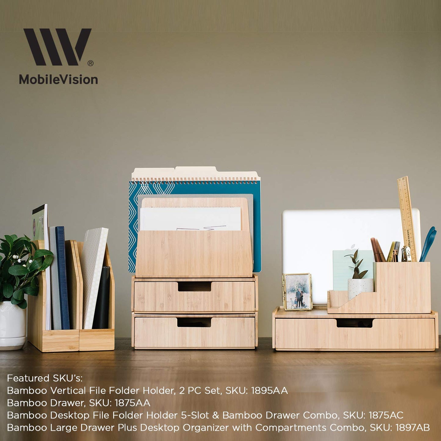 Mobilevision Large Bamboo Drawers (Set of 2) For Monitor Stand & Stackable Storage Solution for office products pens, pencils, scissors, notepads, business cards and more