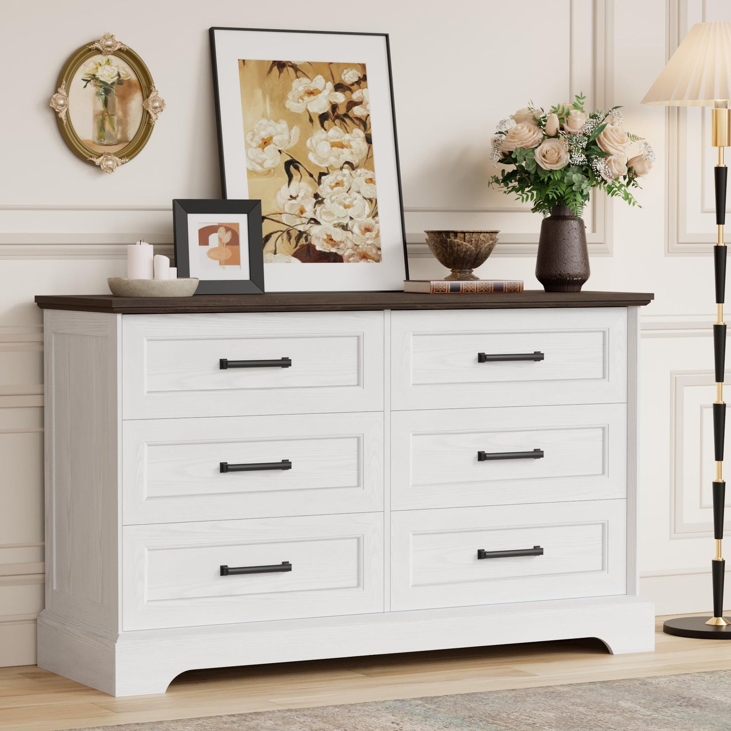 Furmax Farmhouse Dresser for Bedroom, 6 Drawers Dresser, Wood Chest of Drawers, 47.2" Wide Storage Dressers Organizer for Bedroom, Living Room, White and Brown