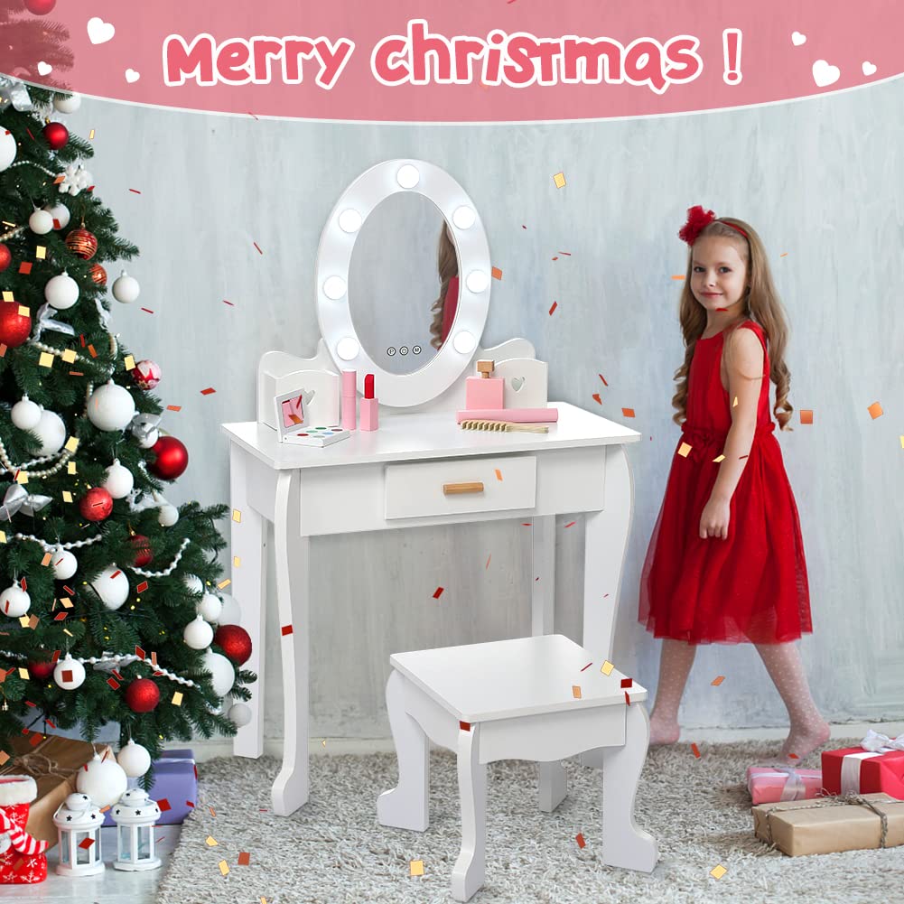 Garvee Kids Vanity Set, Pretend Play Girls Vanity Table and Chair Set with Lighted Mirror, Stool, and Wood Makeup Playset, White