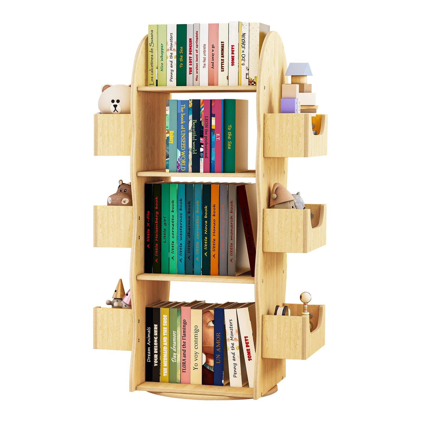 Kids Rotating Bookshelf 4 Tier Wooden Swivel Bookcase with Side Storage, 360 Degree Spinning Bookshelf Tower for Kids, Small Rotating Book shelf for Toddler Room, Solid Wood Narrow Organizer MST0318