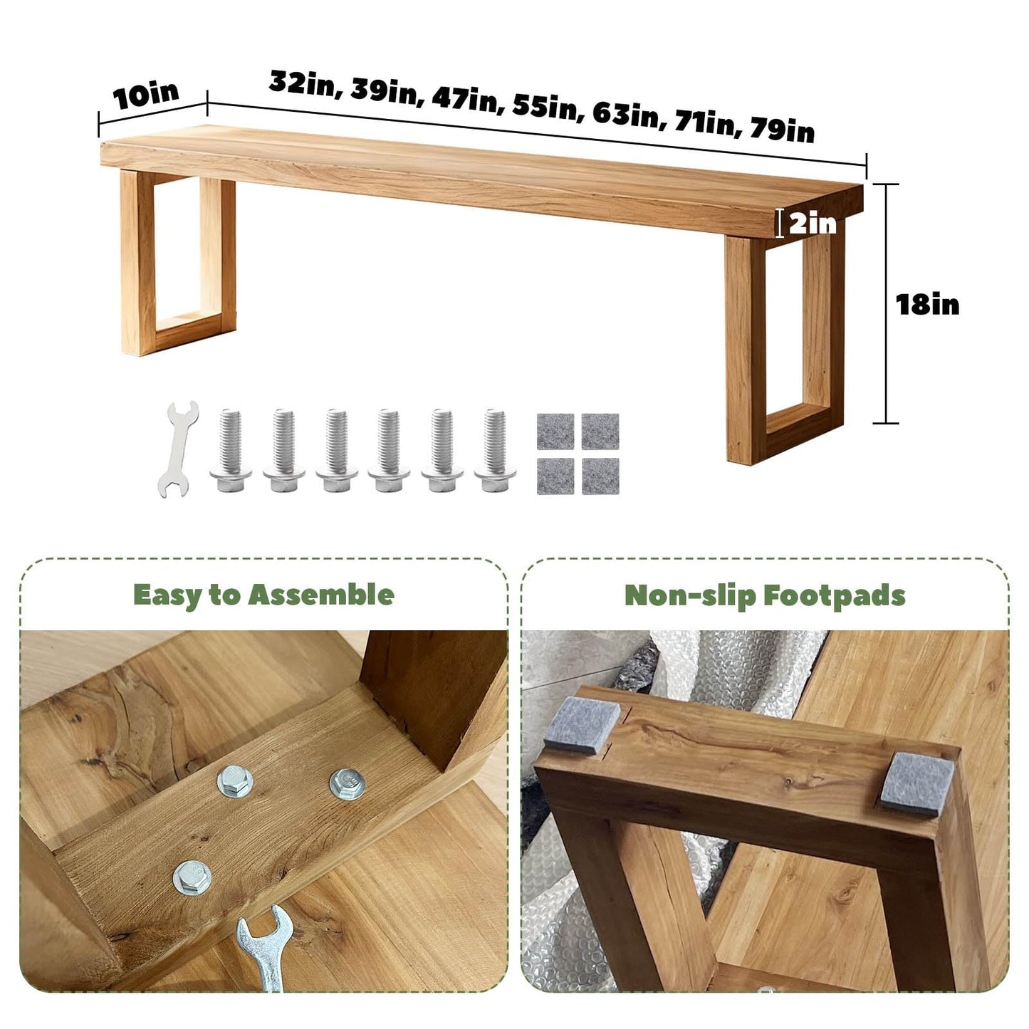 Narrow Farmhouse Bench Skinny Wooden Entryway Long Bench 32" 39" 47" 55" 63" 71" 79" Rustic Indoor Benches for Hallway Kitchen Dining Bedroom End of Bed Easy Assembly Natural Finish(32x10xH18")