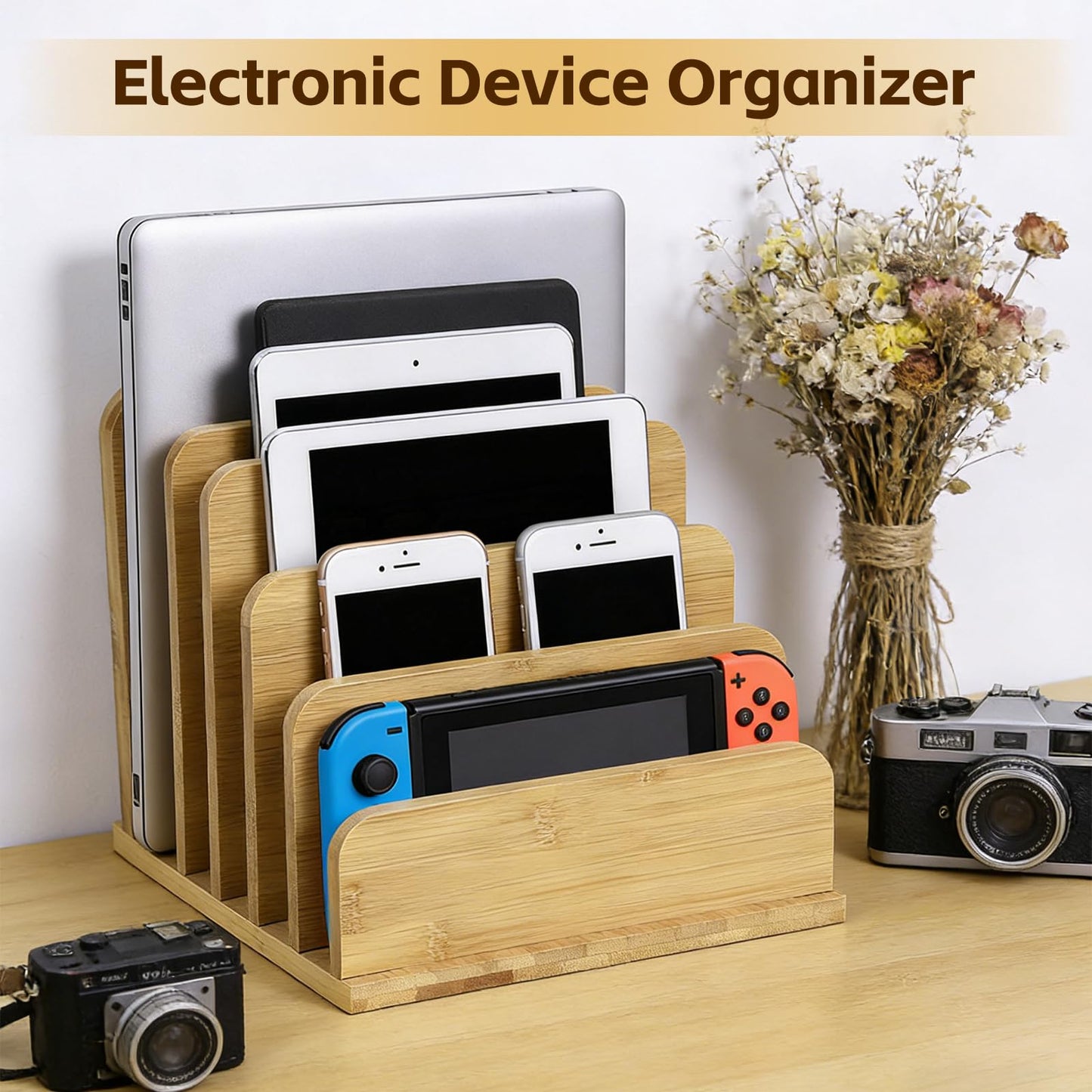 Device Organizer Holder, 5 Slots Bamboo Stand for Organizing Electronic Devices, Organize Tablets, Smartphones, Laptops, and Game Consoles, Slot Width are Adjustable, Also Organize Mails and Files