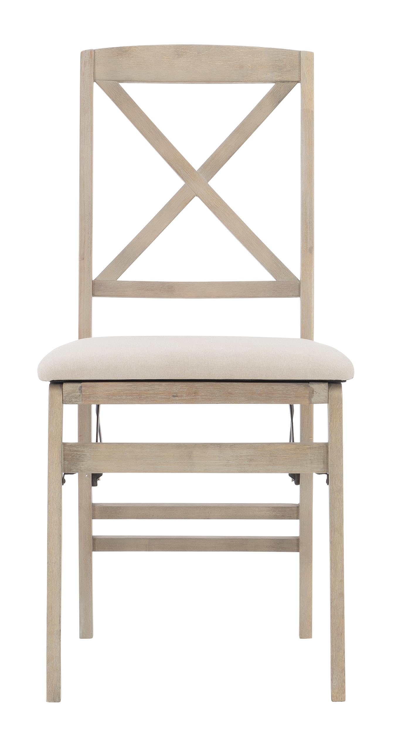 Keira Grey Wash Wooden Folding Chair with Beige Upholstered Seat and Classic Wooden X Back by Linon