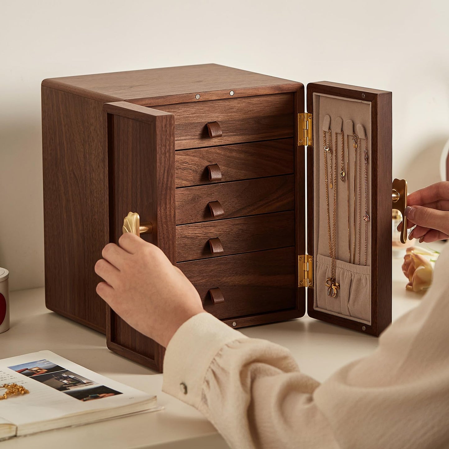 Homruilink Wooden Jewelry Box 5 Layer Black Walnut Large Jewelry Organizer with Brass Handle for Necklaces Rings Earrings Watches Storage, Fathers Day Gift (7.9x8.7x10.0inches)