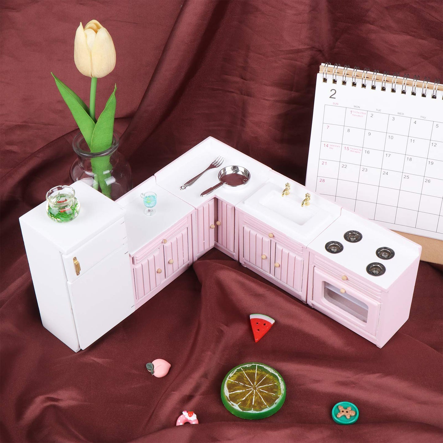 Haomian 1:12 Scale Dollhouse Kitchen Furniture Set, Pink Wooden Miniature L-Shaped Kitchen Cabinets with Fridge Sink Stove, Doll House Kitchen Accessories for Role Play DIY Decor Collectibles