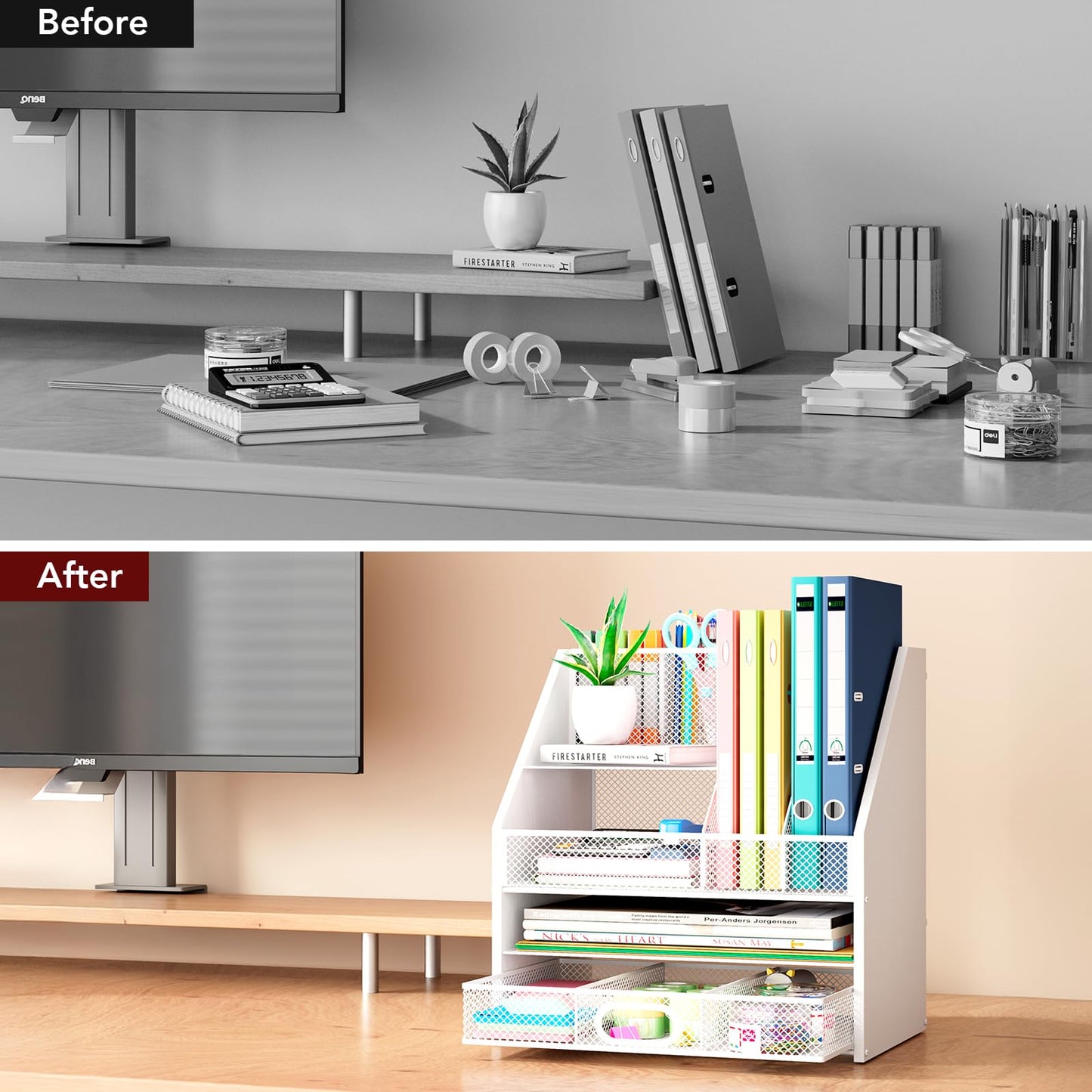 Homsorout Wooden Desk Organizer - Mesh File Organizer with Drawers and Pen Holder - 4-Tier Vertical Paper Letter Storage Tray, Desktop Organizers and Accessories for Home Office (White