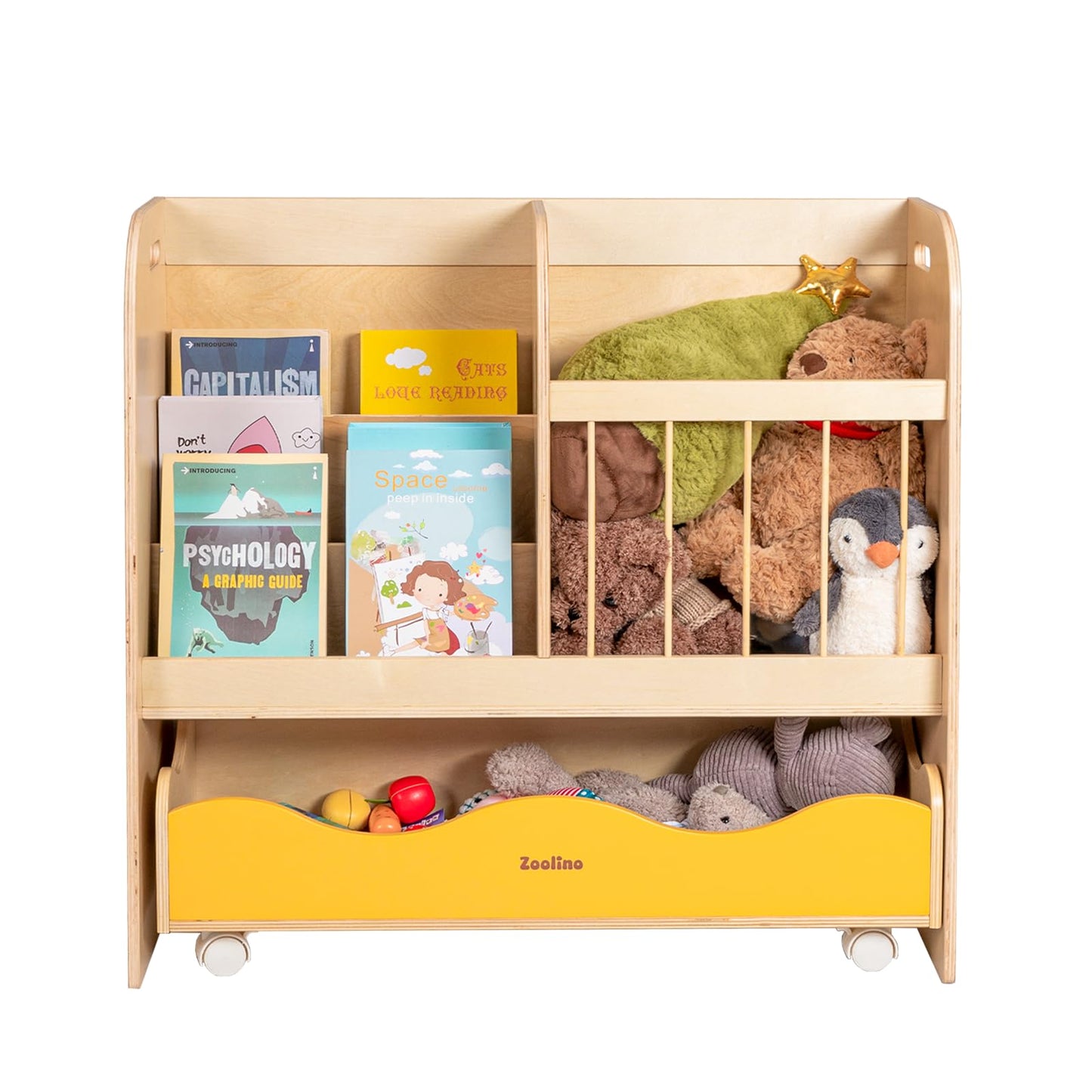 Zoolino 3-in-1 Kids Bookshelf and Toy Storage Organizer, Wooden Book Shelf for Kids Rooms with Large Stuffed Animal Storage & Removable Bins, Space-Saving Nursery Furniture for Toddlers, Natural