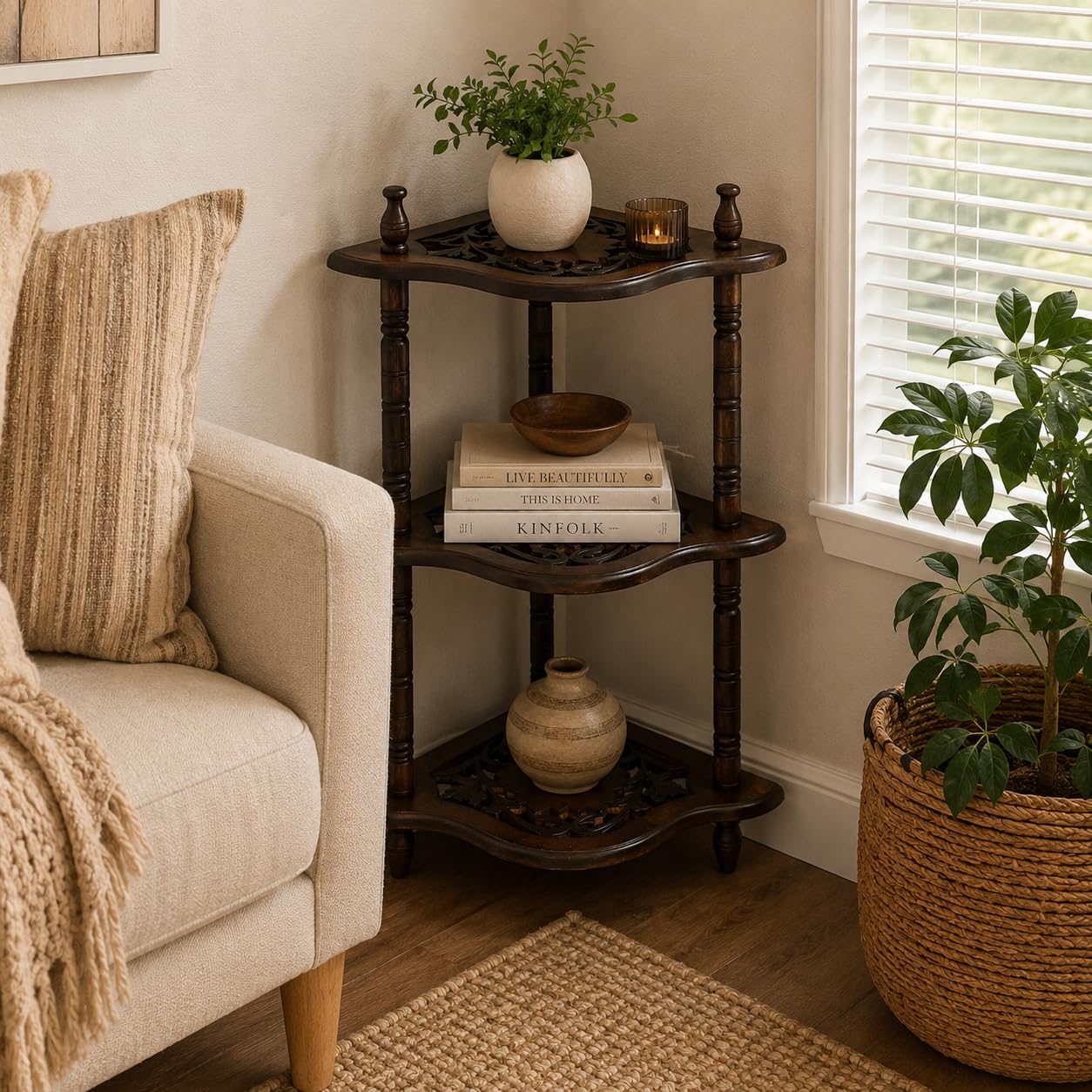 The Wooden Town Corner Shelf - 3-Tier Space-Saving Corner Bookshelf Stand for Small Rooms, Stylish Bathroom & Home Office Storage, Burnt Finish, 12" L x 12" W x 26" H