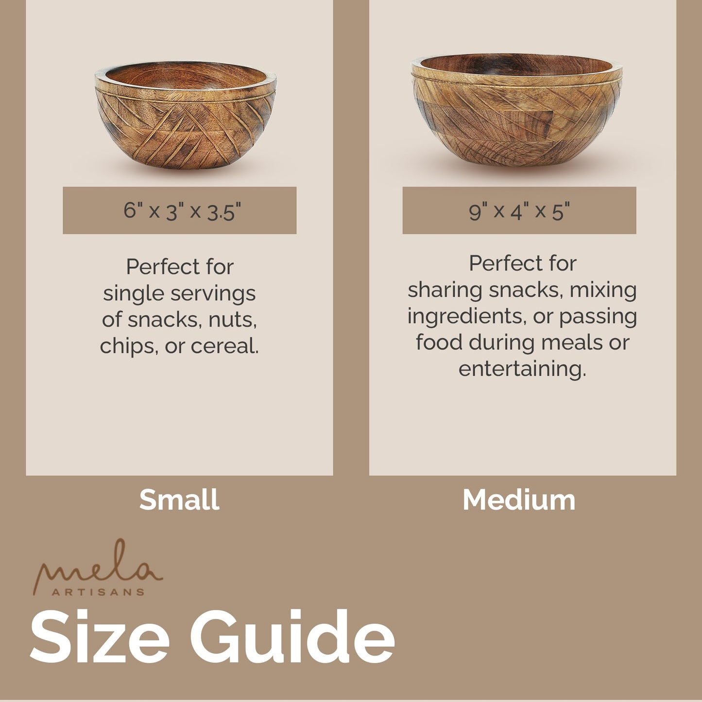 Mela Artisans 9 in Wide x 4 in Tall Mango Wood Bowl with Felt Pads – Hand-Carved Decorative Serving and Fruit Bowl with Light Burnt Finish for Kitchen Counter, Salad, Snacks and Bread