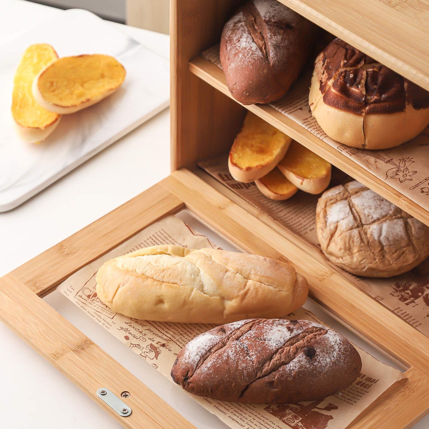 Bread Box, 2 Layer Bamboo Bread Boxes with transparent windows for Kitchen Food Storage, Equipped with three transparent glass storage Kitchen Canisters,15.7" x 6.69" x 12", (Assembled)