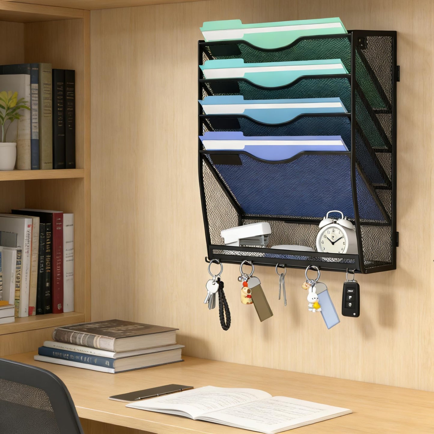 Gawerk 5-Tier Hanging Wall File Organizer with 5 Hooks - Wall Mounted Mail Paper Document Folder Holder, Sturdy Mesh Magazine Rack for Office Home