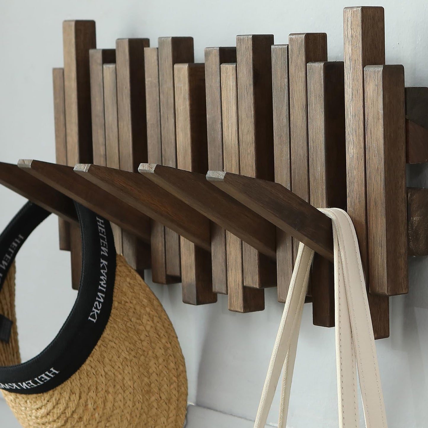 GOGREEBELL Natural Wood Wall Mounted Piano Coat Rack| Coat Rack Wall Mount| Flip Down Wall Hook Rack 5 Hooks| Entryway Coat Rack,Made of Acacia Wood (Walnut Color Dyed with Wood Wax Oil).Wall Art