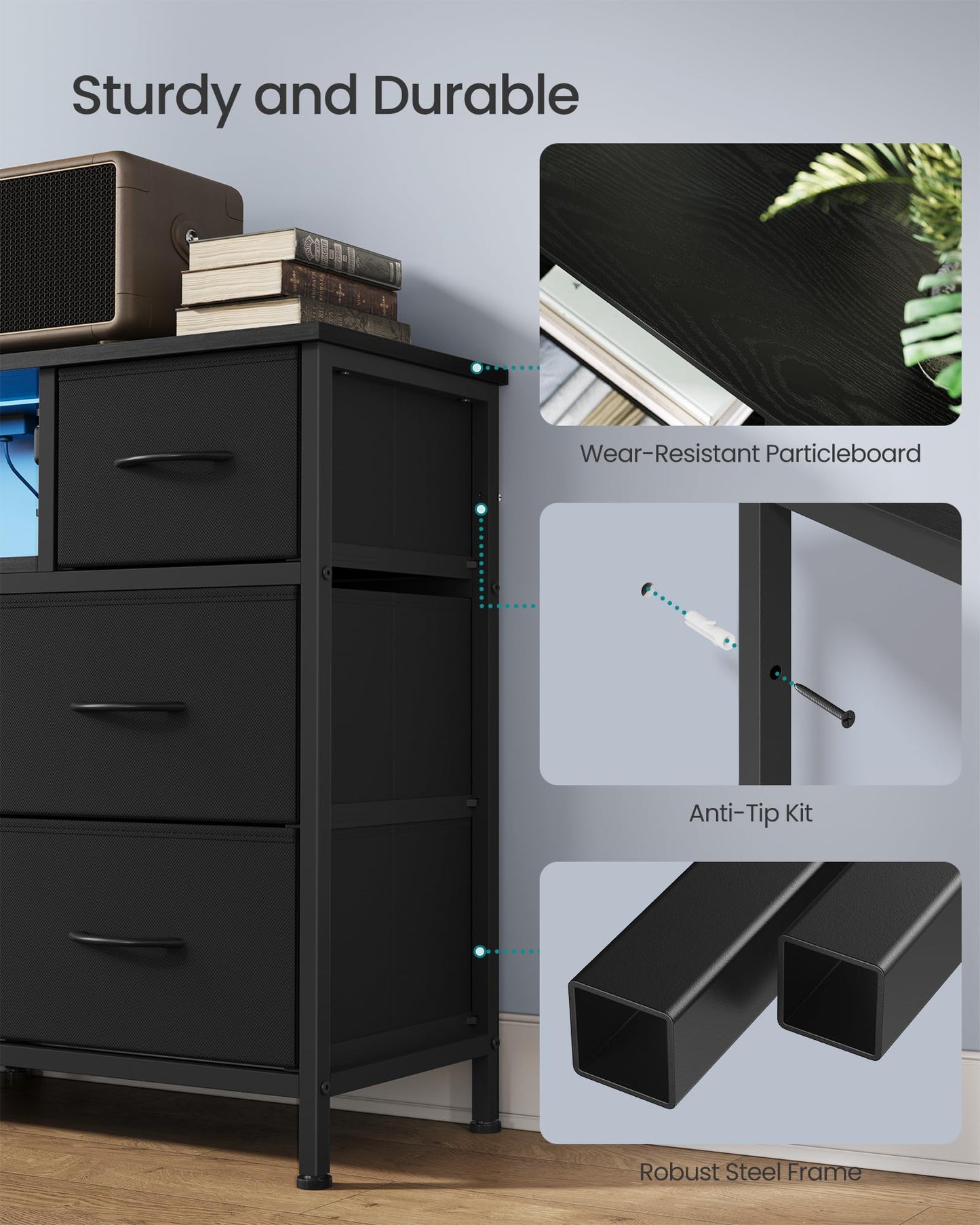 SONGMICS BELLAH Collection - Dresser for Bedroom with Outlets and LED Lights, TV Stand for TVs Up to 65 Inches, Chest of Drawers, 8 Drawers, Steel, Modern, Ink Black ULGS434BH02S