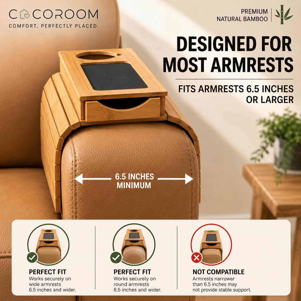 COCOROOM Sofa Armrest Tray with Drawer & Cup Holder β Wooden Couch Arm Tray with Anti-Slip Surface | Fits Most Sofa & Couch Arms (Natural)