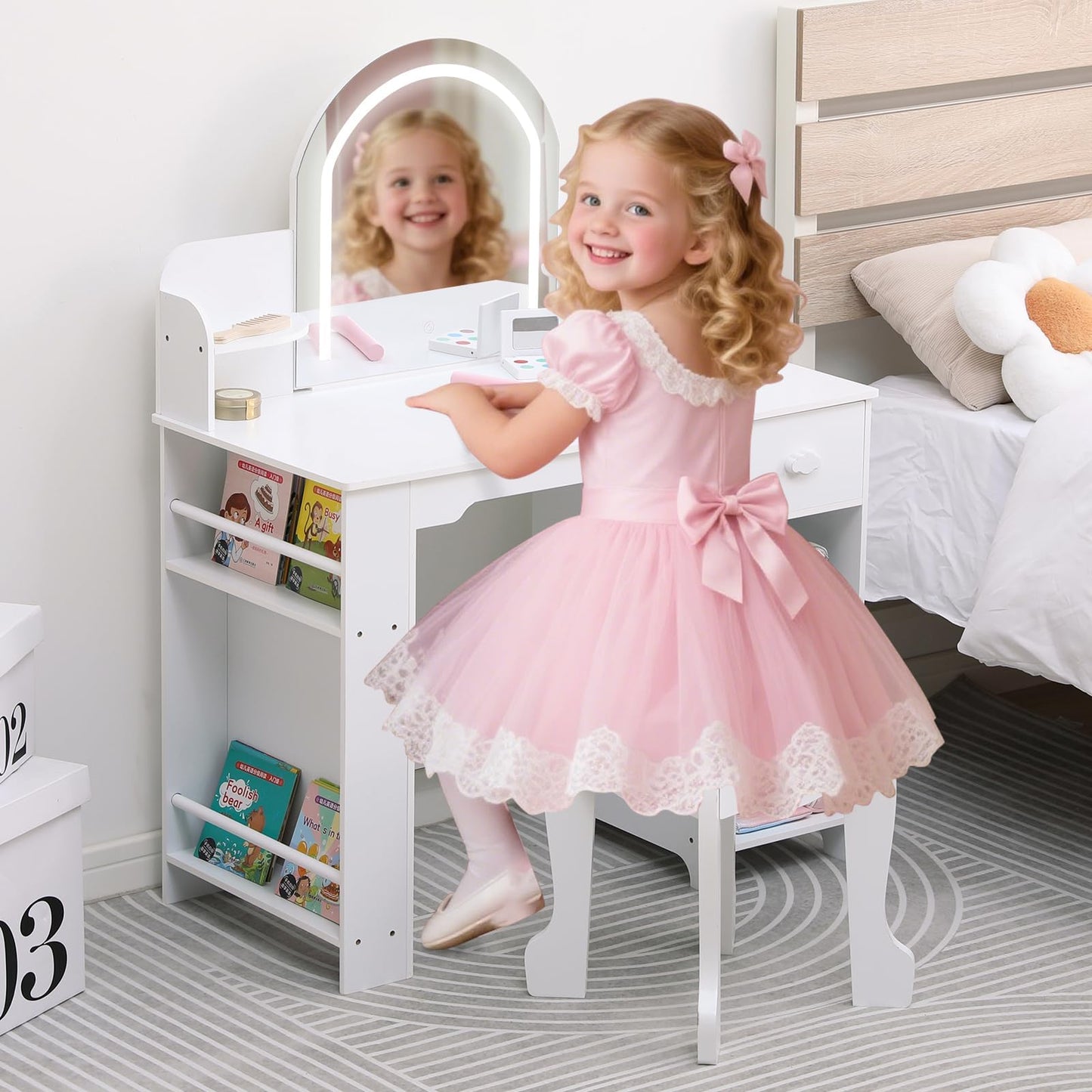 GarveeLife Kids Vanity with Lighted Mirror & Stool, Toddler Vanity Set for Little Girls, Girls Vanity Set with Adjustable LED Light & Bookshelf, Wooden Makeup Playset, (White Ages 3-9)