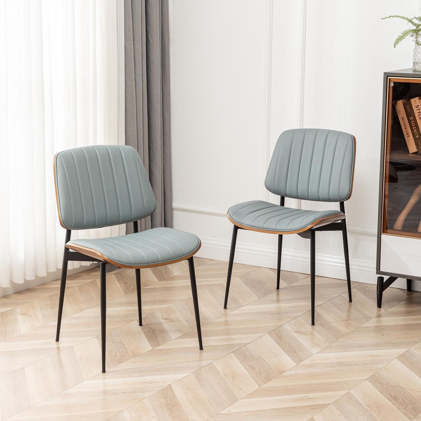 LUNLING Dining Chairs Set of 2,Mid Century Modern Retro Faux Leather Chair with Walnut Bentwood Upholstered Seat Metal Legs Adjustable Foot for Kitchen Dining Room Chairs(Blue)