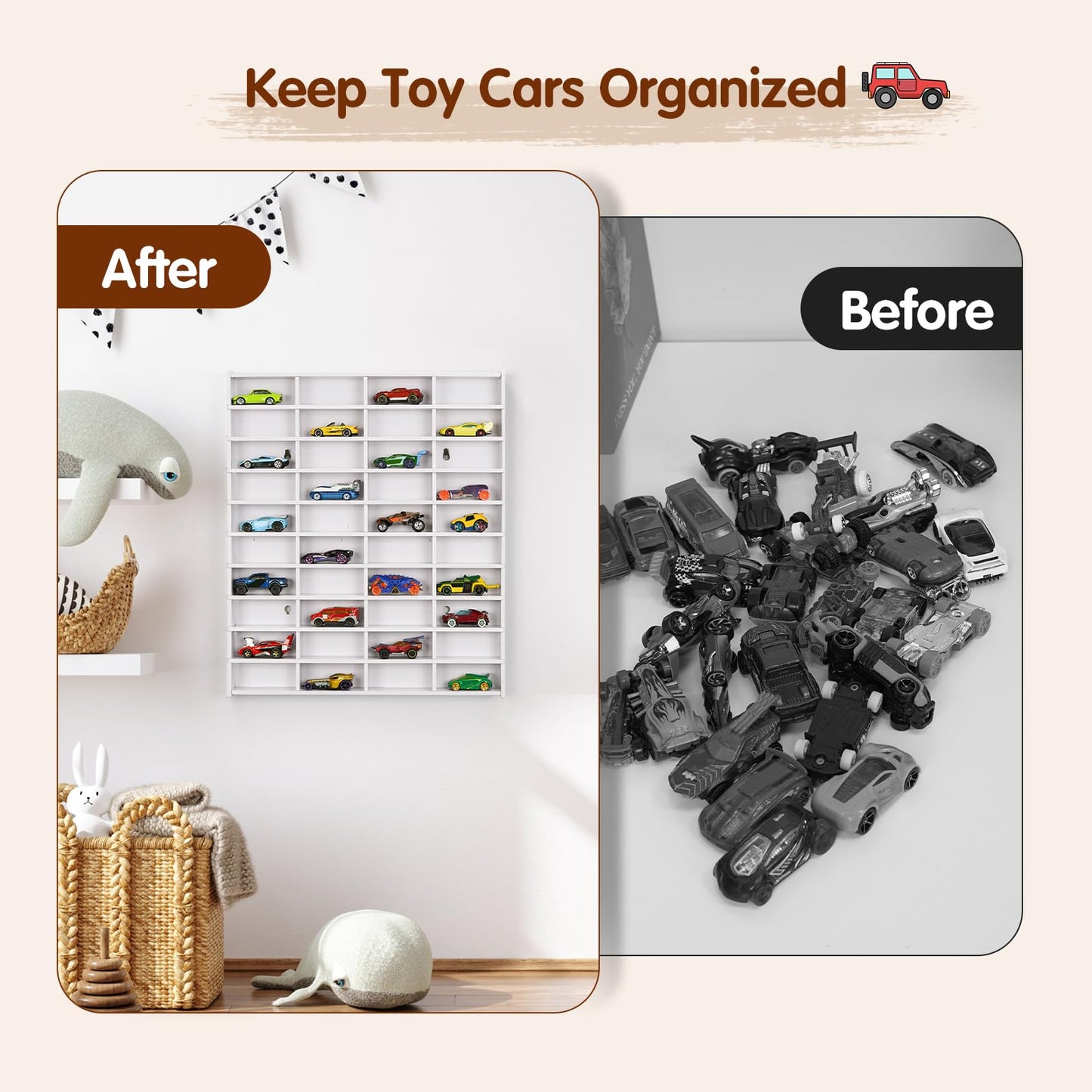Krafetto Toy Car Display Shelf, Holds 40 Diecast 1/64 Toys Car, Wall Mount Model Cars Storage Organize Case