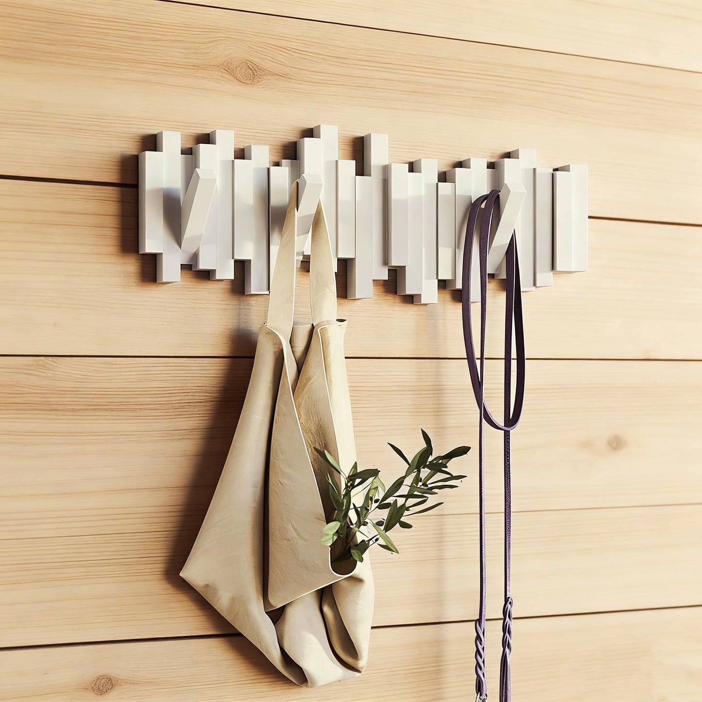 CAQ Wood Piano Key Coat Rack Wall Mount, Modern Coat Rack with 3 Magnetic Flip Hooks, 110 lbs Load Bearing, Space Saving Home Storage Decor, White