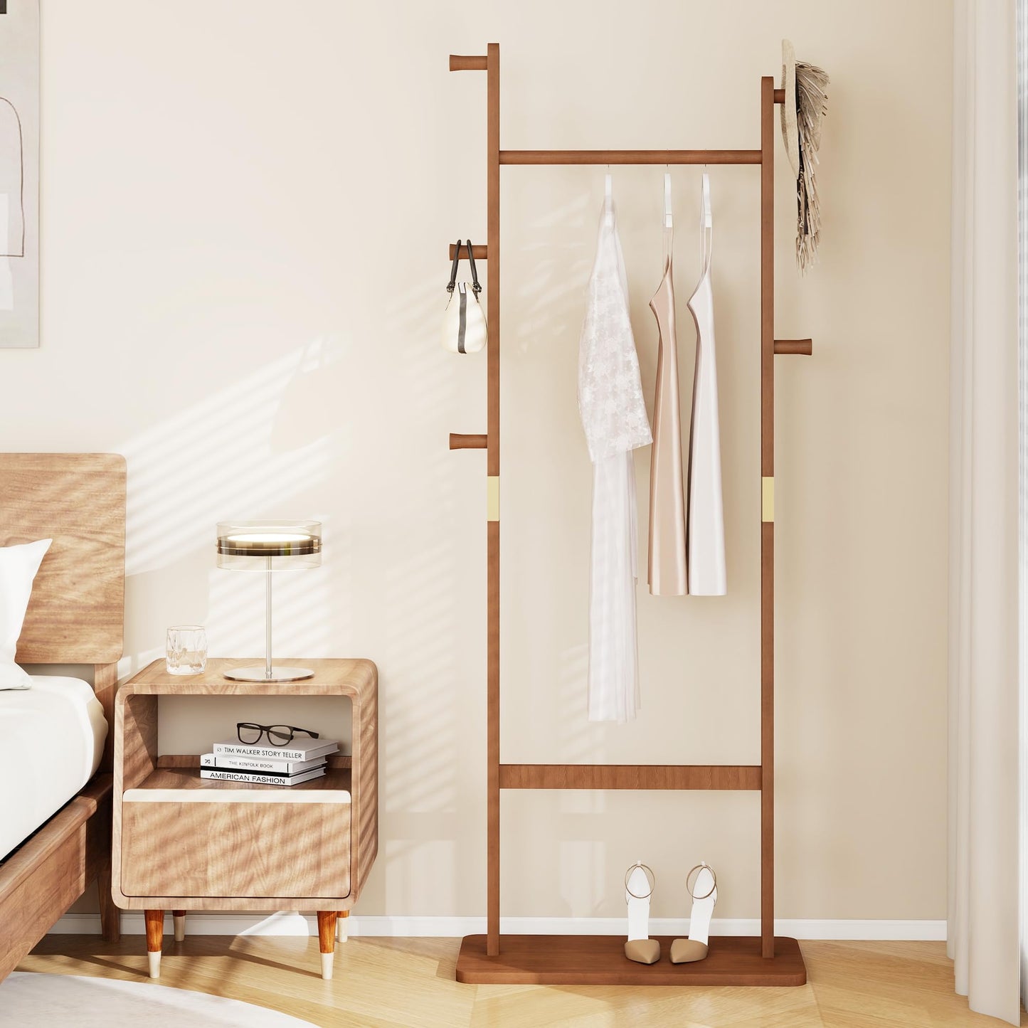Fmlud Solid Wood Coat Rack, Freestanding Clothes Racks with Shelf, Entryway Coat Rack for Hanging Clothes, Wooden Clothing Rack for Corner, Living Room, Bedroom, Hotel