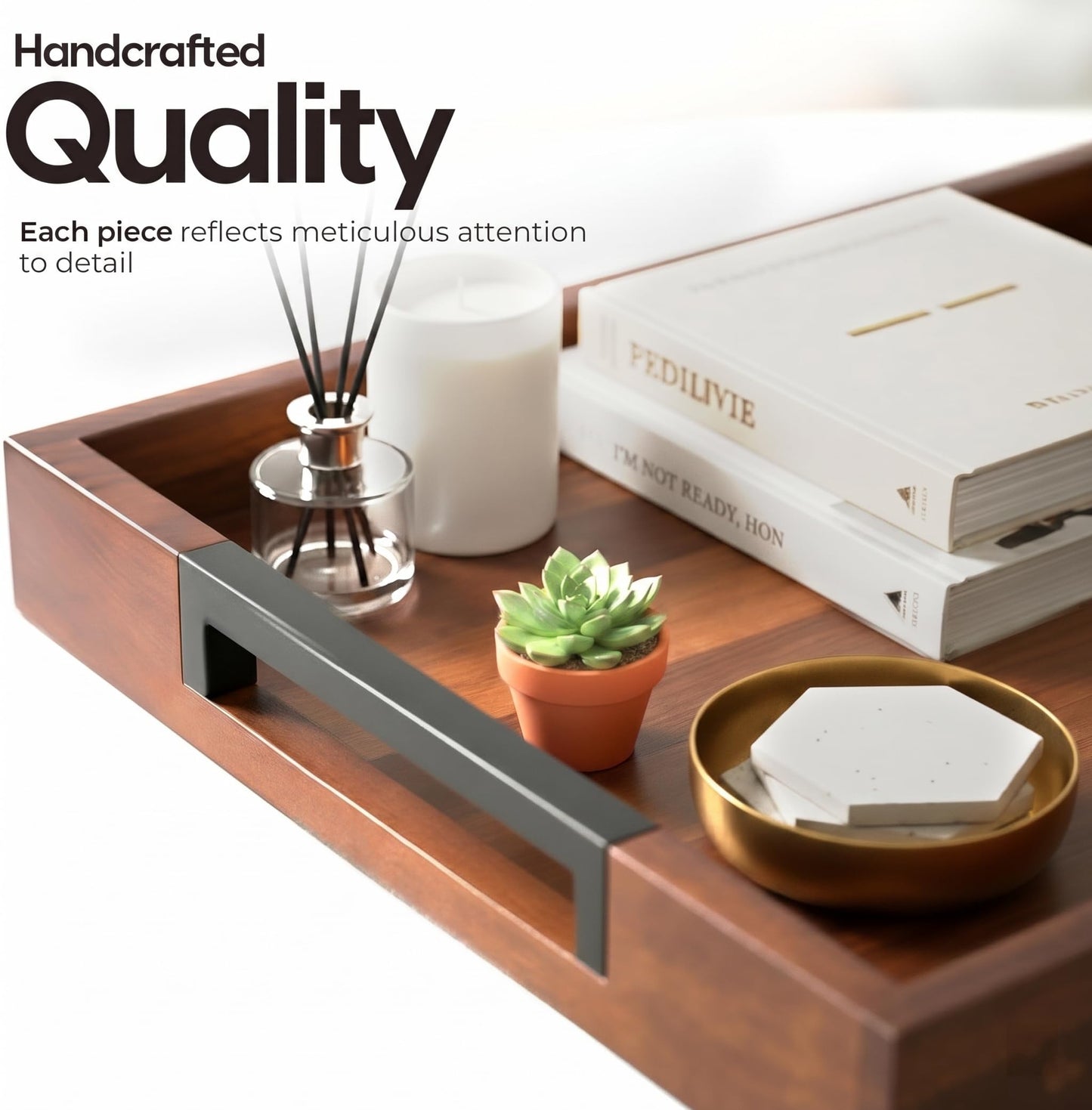 Acacia Wood Serving Tray with Handles, Large Wooden Ottoman & Coffee Table Tray 16.5"x12" with 2 Silicone Mats – Decorative Wooden Serving Tray for Breakfast in Bed, Kitchen, Bar & Home Décor