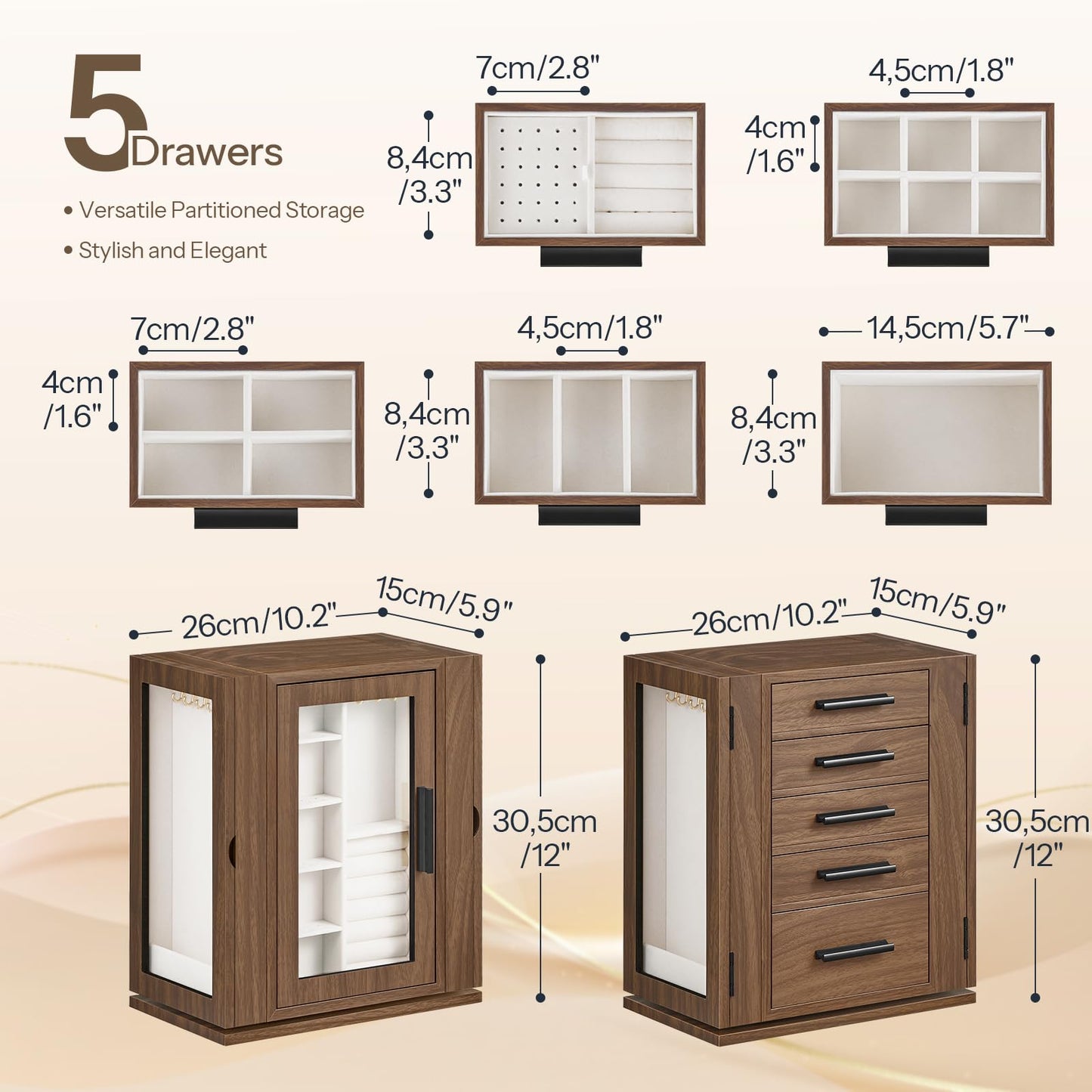 HOOBRO Jewelry Box with Mirror, Jewelry Organizer Box with Capacious Storage Space and 360° Rotating Jewelry Box, Wooden Jewelry Organizer Bundle, WT06JB04G1-BH30JB04