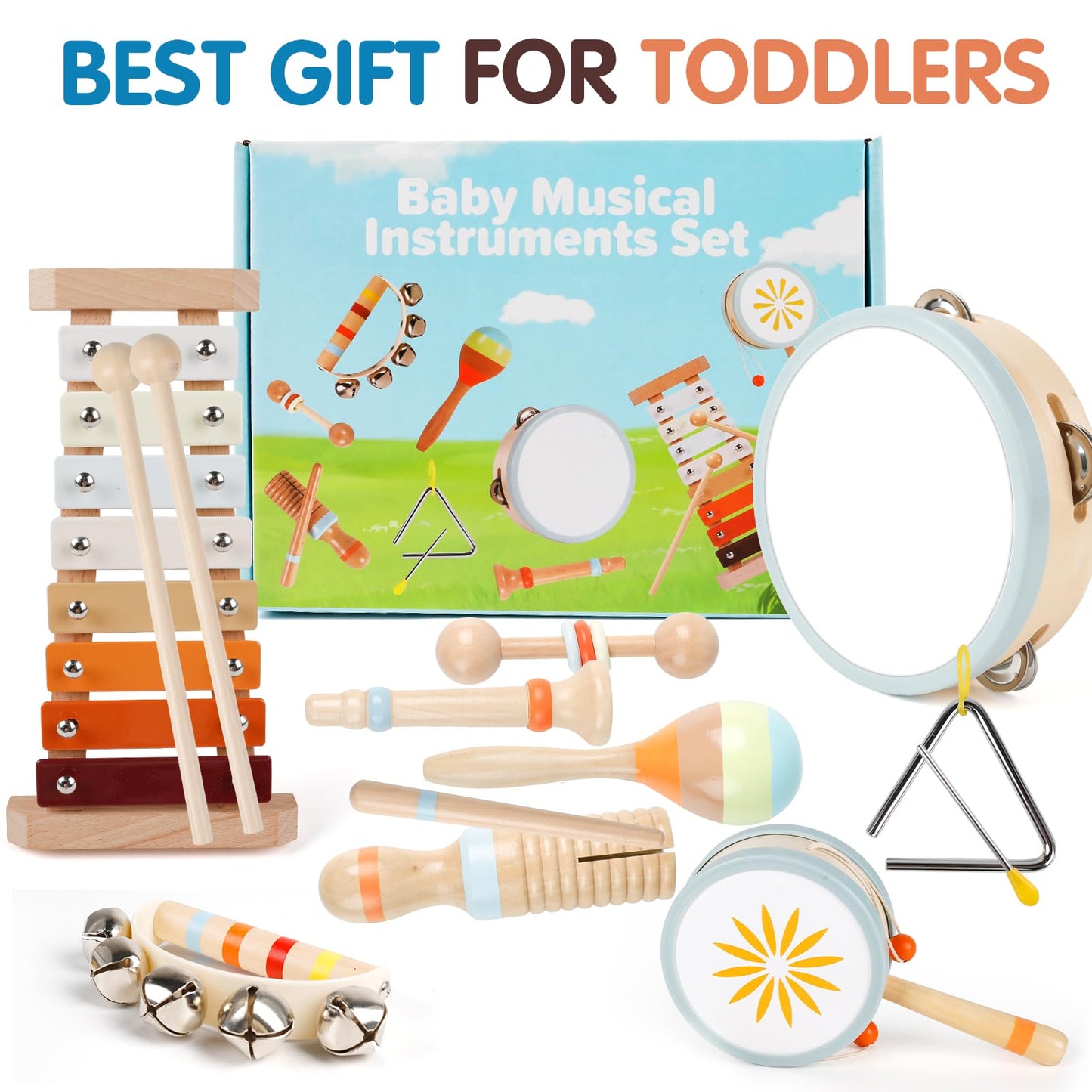 Wooden Toddler Musical Instruments Set, 9PCS Kids Montessori Toys, Baby Toys with Xylophone & Drum, Educational Gift for Ages 3 4 5 6Year Olds