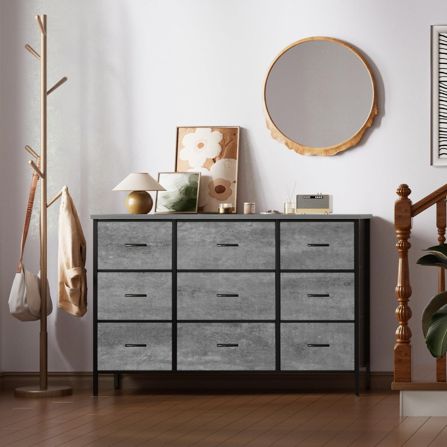 VASICAR Dresser for Bedroom with 9 Deep Drawers, Wide TV Stand Modern TV Console, Fabric Storage Cabinet, Chest of Drawers for Closet, Nursery (Gray)