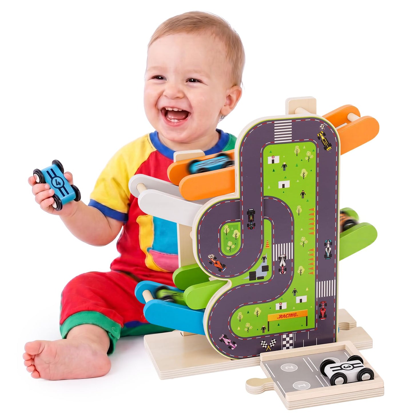 Busy edition Car Ramp Toys for 1 Year Old Boy Gifts, Montessori Toys for 1 Year Old, Wooden Race Car Track for Toddlers 1-3, Toy Cars Ramp with 4 Mini Cars & Parking Lots, 1st Birthday Gifts Boy
