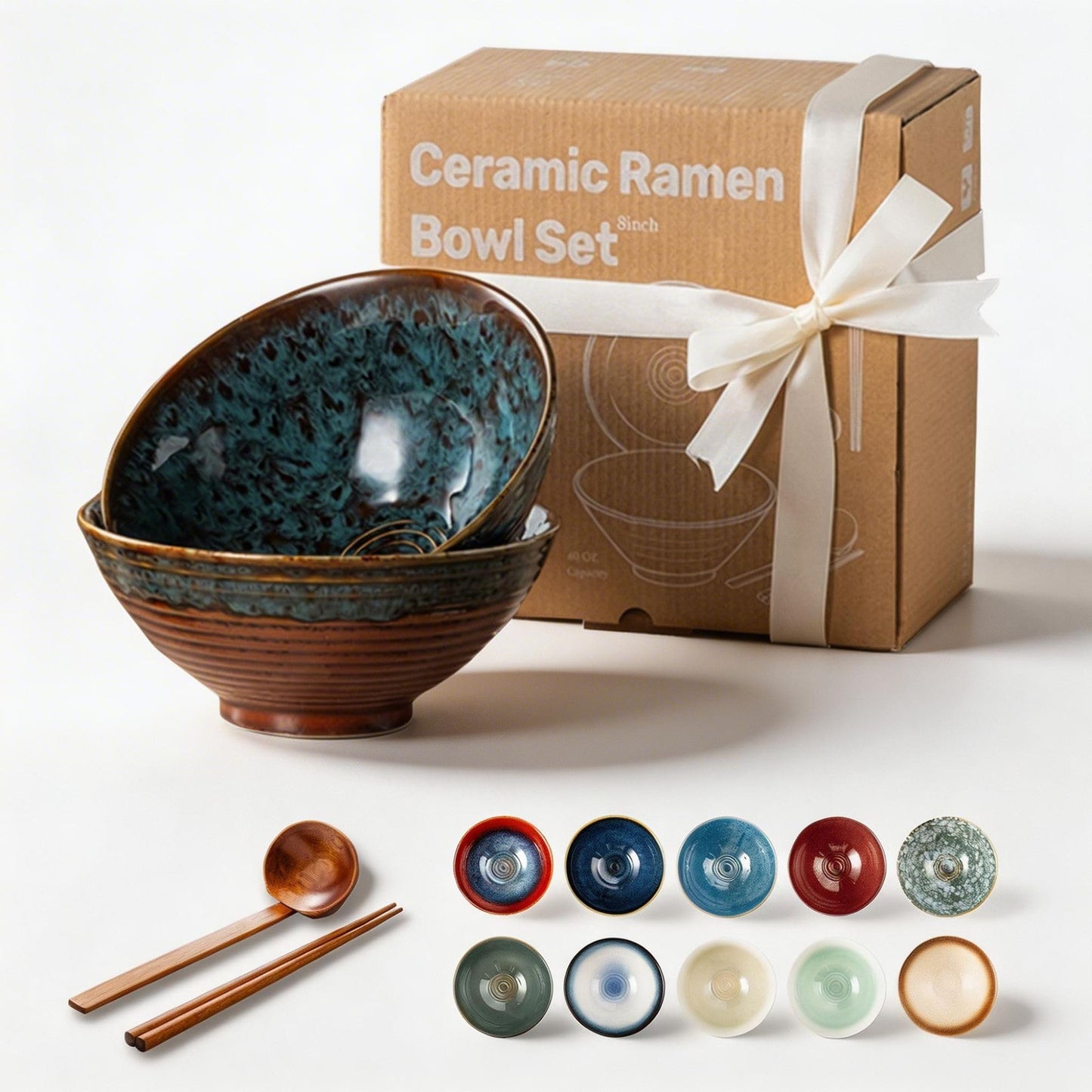 ArtifexCeram 8 Inch Ceramic Ramen Bowl Set of 2, 40oz Japanese Bowls with Spoons & Chopsticks,Durable,Microwave & Dishwasher Safe,Perfect for Ramen,Pho,Salad,Soup,Noodles,Mixing bowls(Verdigris Green)