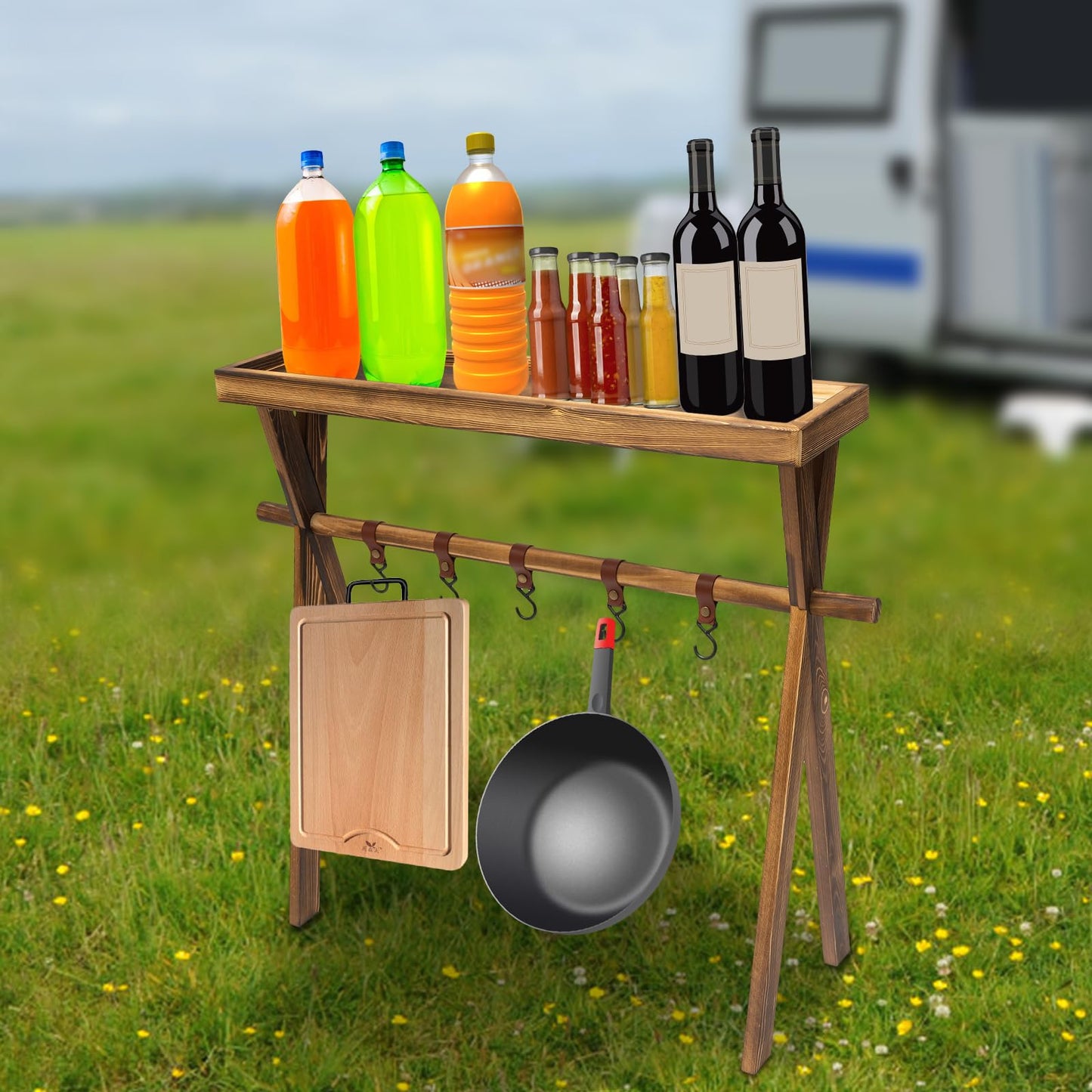 KONGKUNI Portable Wooden Picnic Rack, with hanging hook, Lightweight Wood Outdoor Shelf Foldable Travel Camping Table Rack for Storage,Outdoor Kitchen,RV Picnic,BBQ,Home Storage