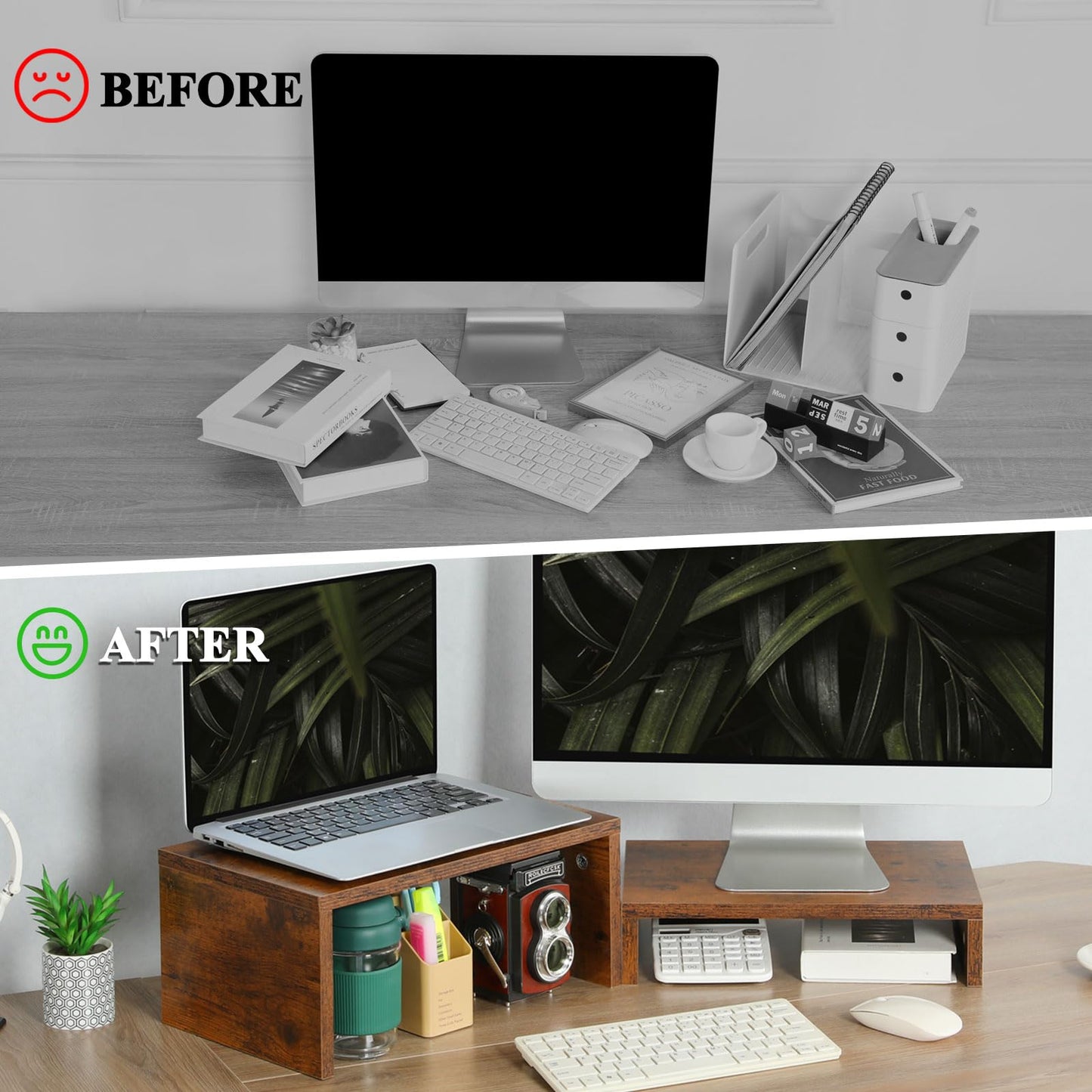 TEAMIX 2 Pack Monitor Stand Riser Rustic Brown,Wood 2 Tier Adjustable Monitor Stand Dual Monitor Riser for 2 Monitors/Laptop/PC Computer Stand Desktop Space Saver…
