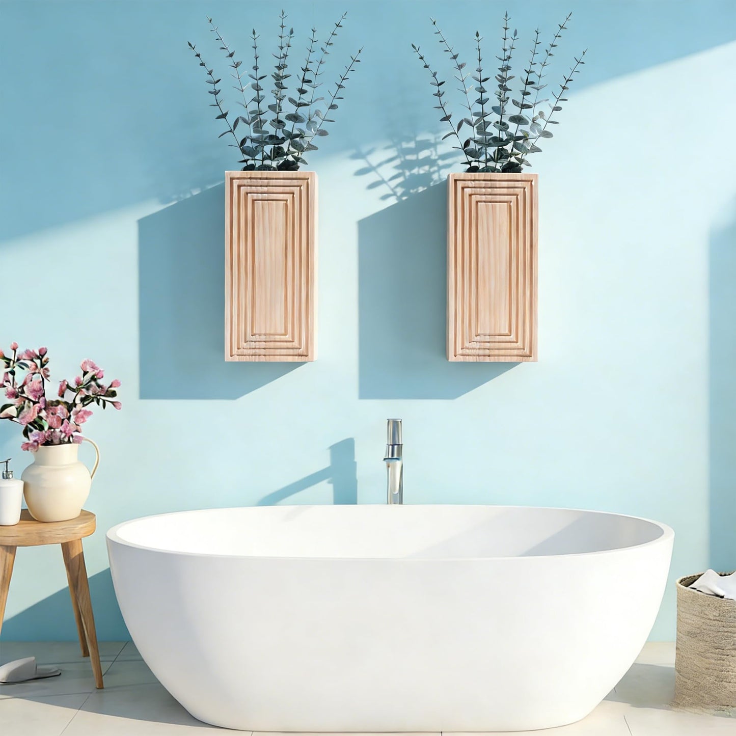 FancyPlus Wooden Wall Planter Vase, 2 Pack Natural Wood Hanging Vases with Fake Eucalyptus for Indoor Modern Boho Farmhouse Wall Art Decor for Home Indoor Kitchen Modern Farmhouse Bathroom
