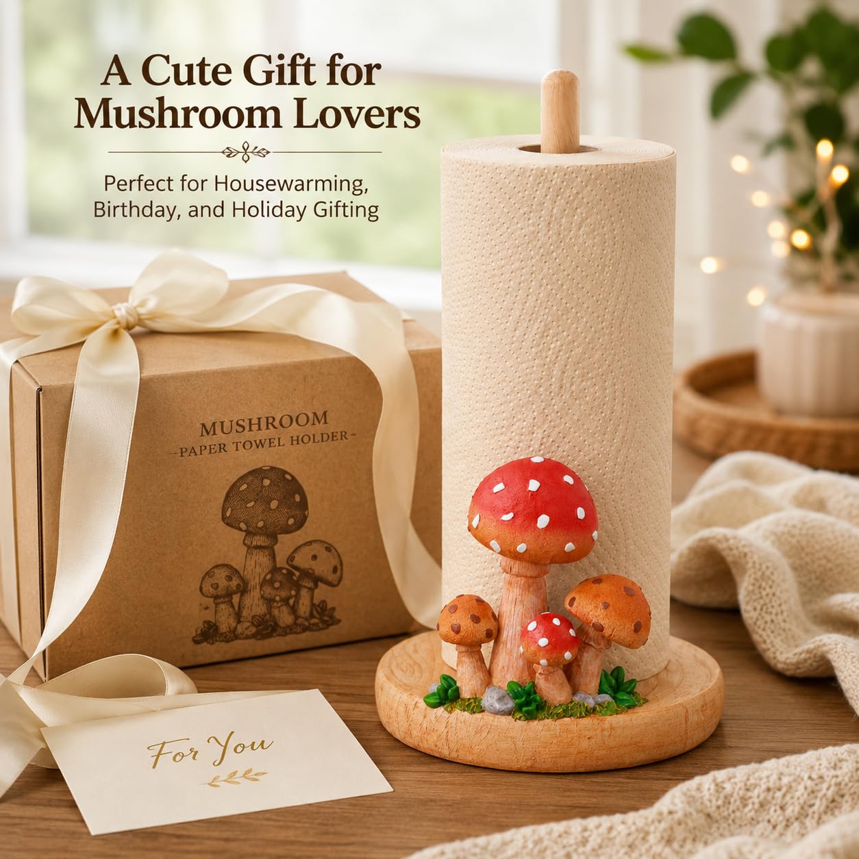 Mushroom Paper Towel Holder, Hand-Carved Resin & Wood Tissue Holder with Large Non-Slip Base, Decorative Kitchen Countertop Paper Towel Stand for Bathroom, Living Room, Farmhouse Decor