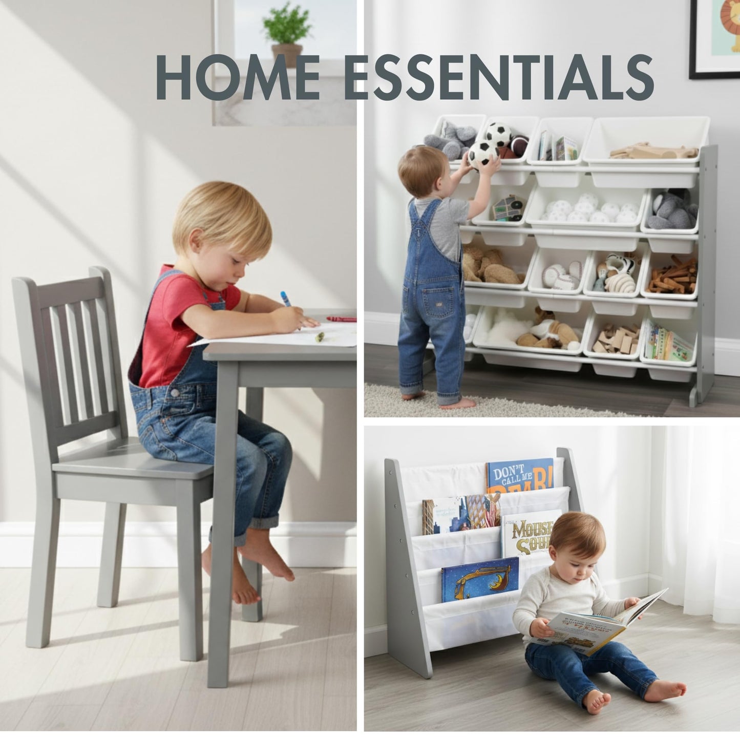 Humble Crew 3-in-1 Kids Bookshelf and Toy Storage Organizer, Bookcase with Rolling Toy Box and 3 Fabric Storage Bins, Wooden Nursery & Playroom Organizer, Grey/Grey