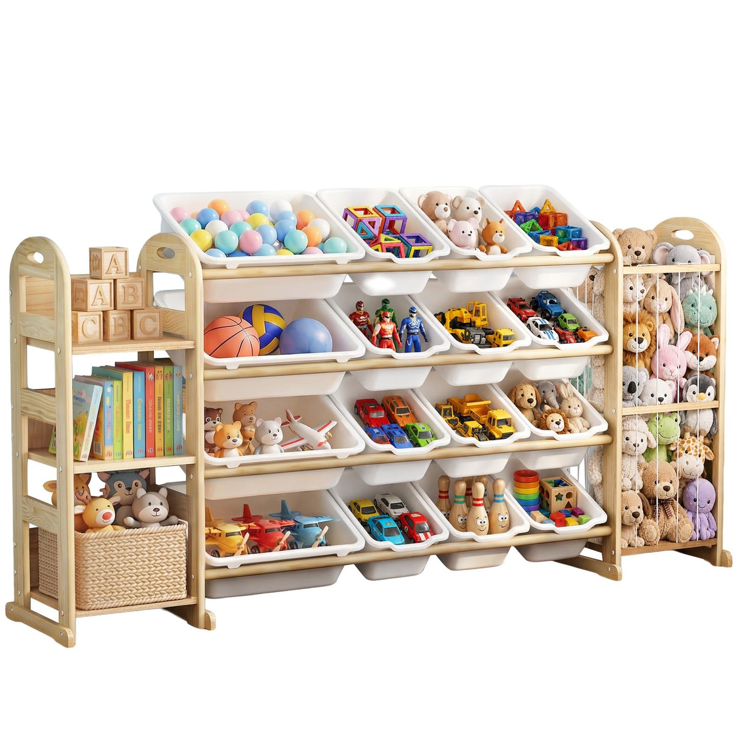 Large Kids Toy Storage Organizer, Toy Organizers and Storage with Stuffed Animal Storage, Toy Storage Shelf with 3 Shelves, 16 Storage Bins, Kids Bookshelf, Toy Holder for Playrooms, Bedrooms, White
