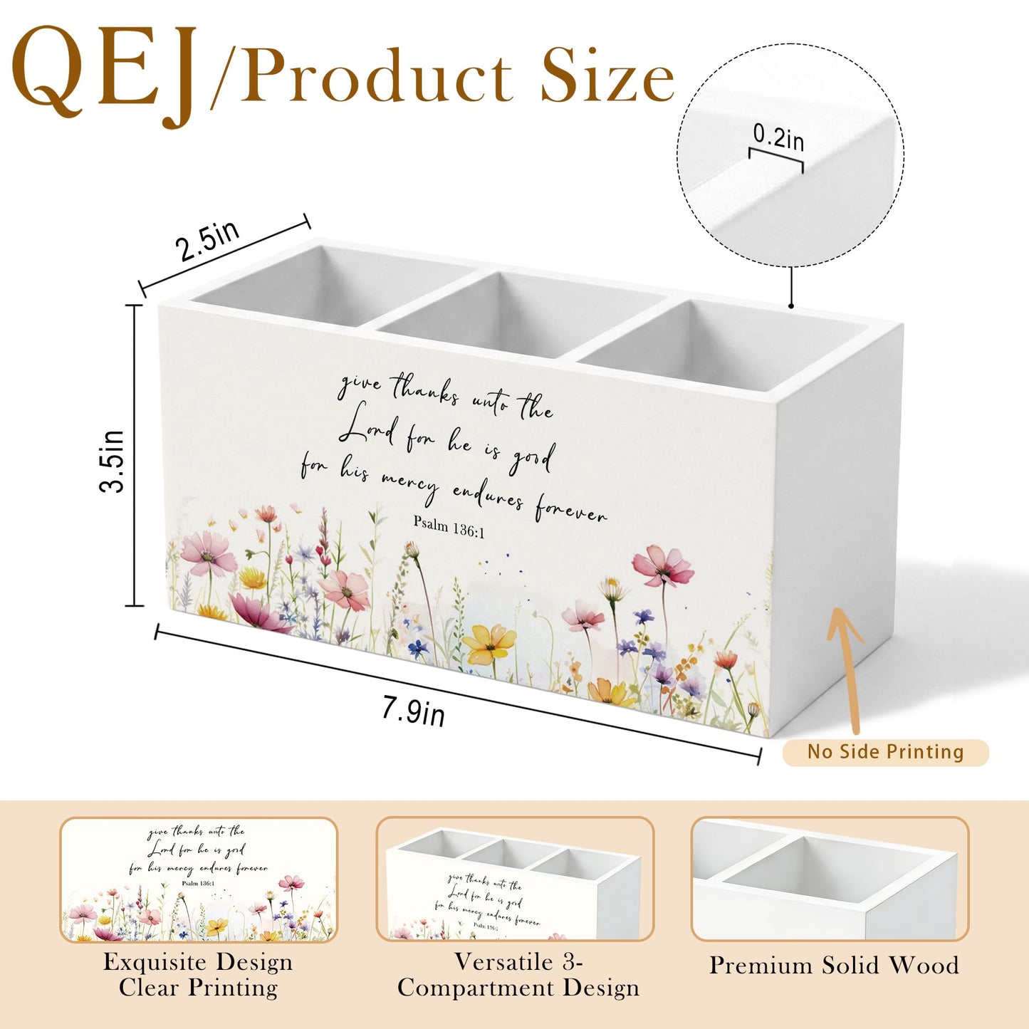 QEJ Wildflower Bible Verse Pen Holder for Desk, Christian Gifts for Women, Give thanks to the Lord Christian Wooden Box Pencil Pen Organizer for Home Office Desk Tabletop