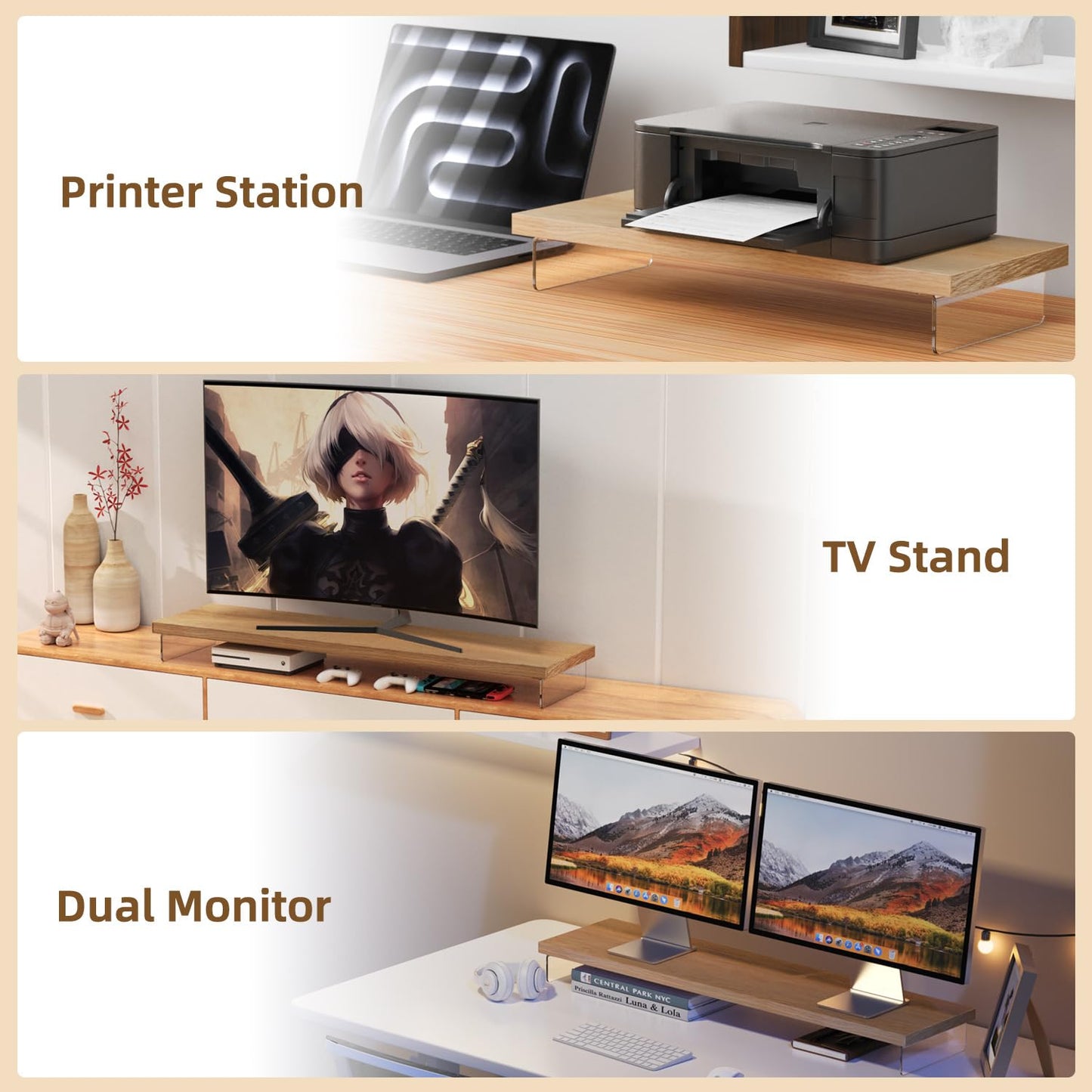 SSWOOD Dual Monitor Stand Riser, 40" Large Computer Monitor Stands for 2 Monitors, Wooden Desktop Organizer Shelf for Office Desk Computer, Laptop, TV, Monitor, Printer