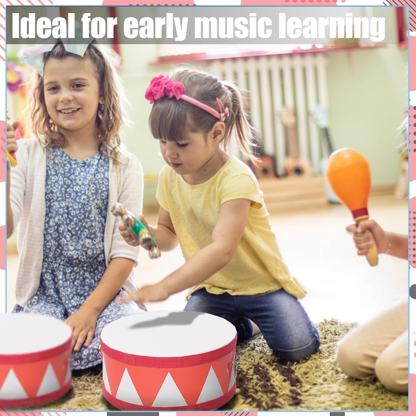 TANEMUDO 4 Pcs Drum Set for Kids 8 Inch Toddler Toy Drum 10 Drumsticks with Adjustable Strap Wooden Drum Educational Musical Instrument Toys Sensory Musical Instrument Drum for Toddler Girls Boys