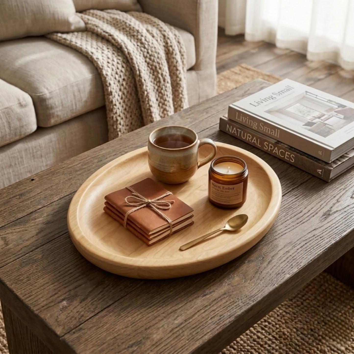 Wood Trays 3 Piece Set Decorative Wooden Serving Platters, Round Rustic Decor Trays for Coffee Tea Candle Food Dessert Snack Fruit Perfume Vanity, Oval