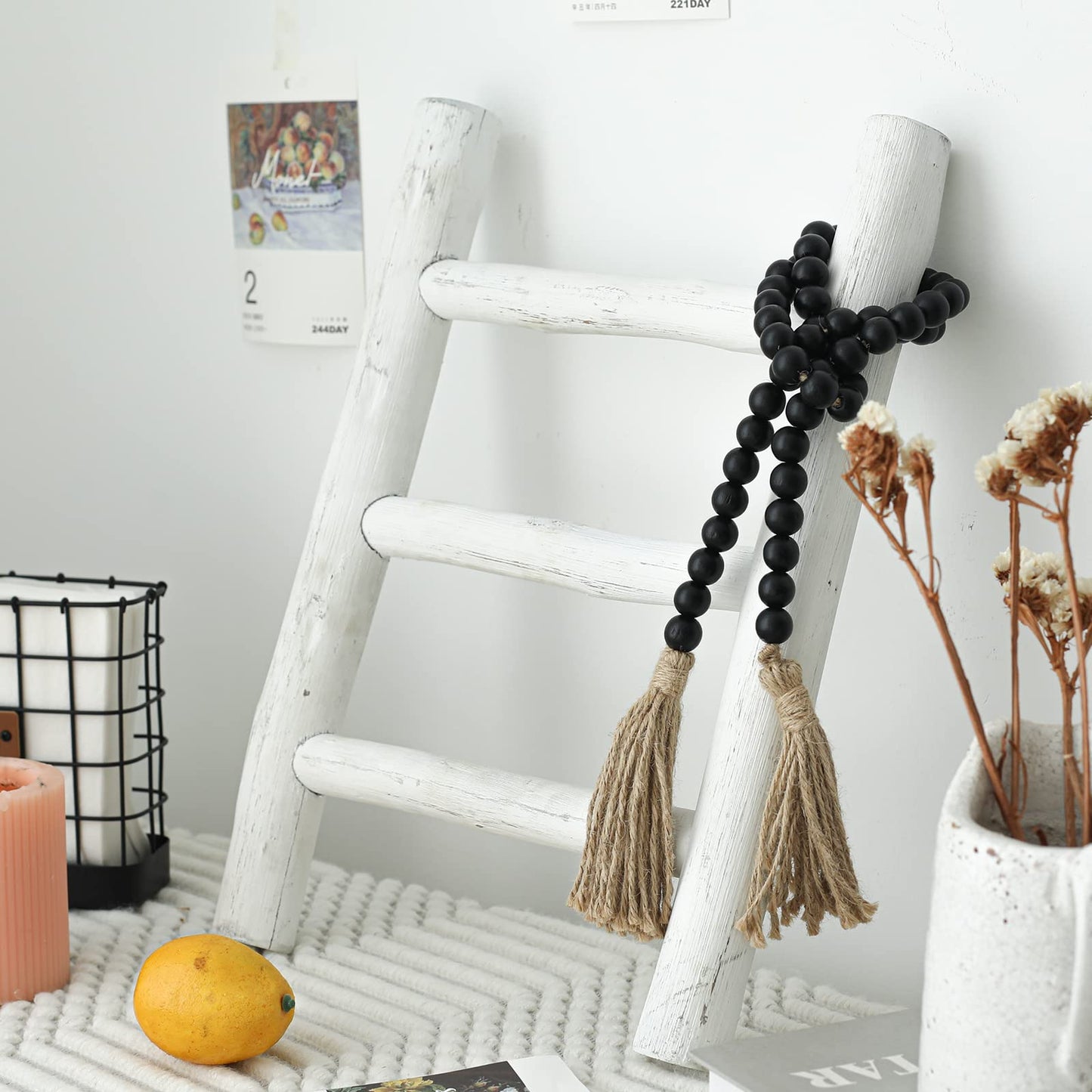 Rustic Farmhouse Blanket Ladder and Mini Countertop Towel Ladder Set, Fully Assembled Wood Decor for Home Storage and Display, White