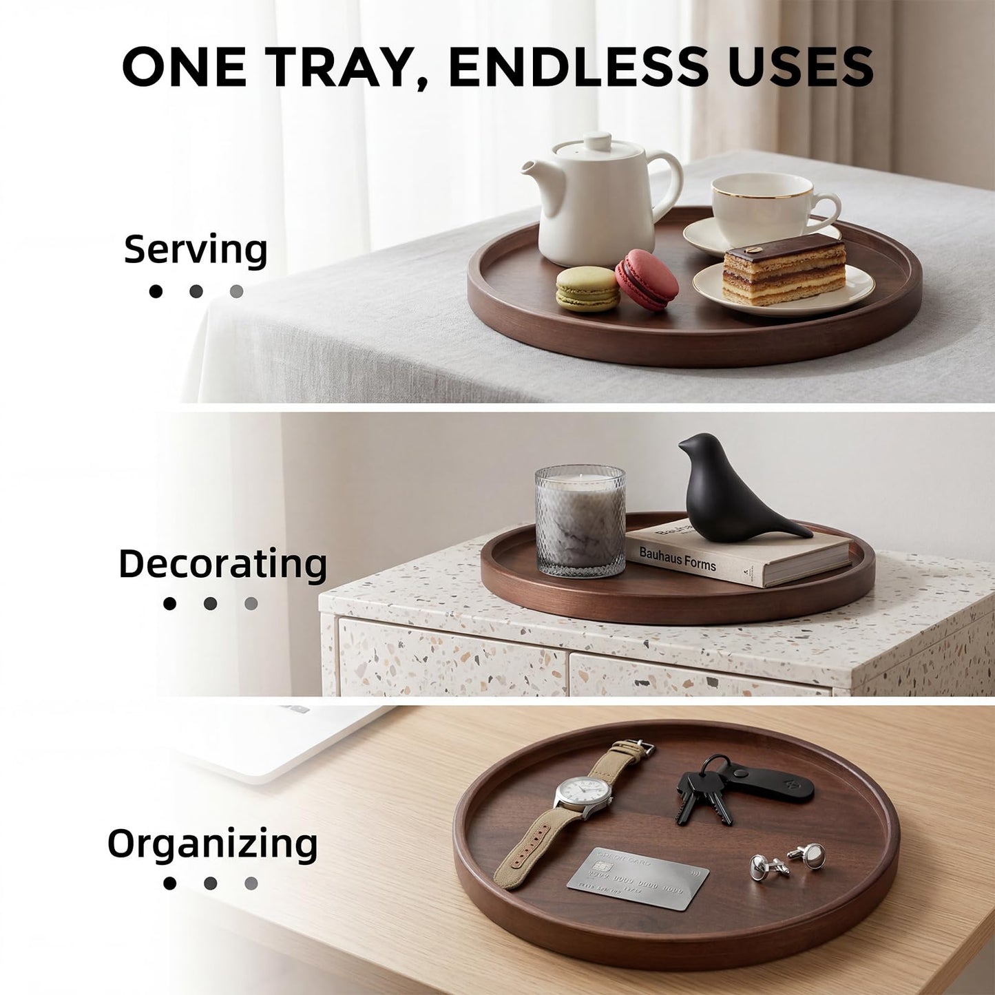 Round Natural Wood Tray - 12 Inch Decorative Serving Tray with Handles, Solid Wooden Coffee Table Tray for Ottoman, Vanity, Entryway, Snacks, Drinks & Home Decor