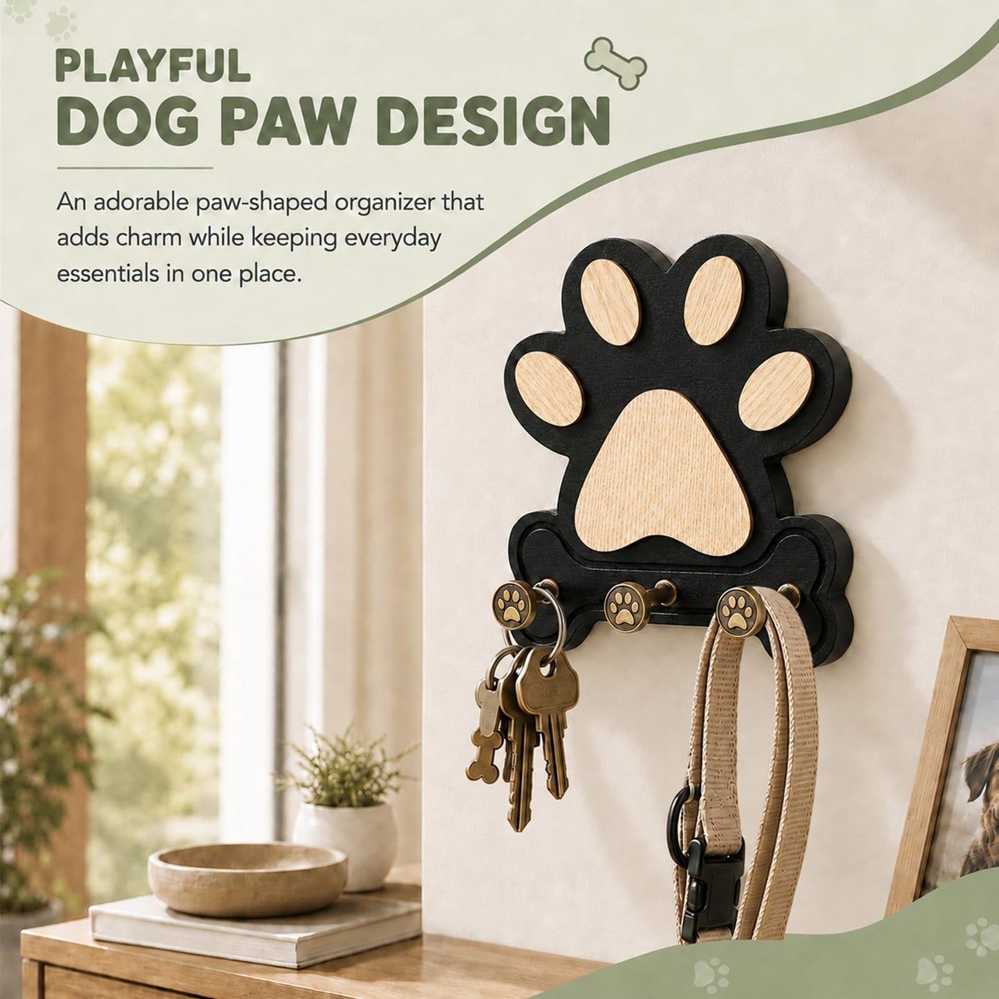 MLLNFUE 2 Pack Dog Leash Holder for Wall, Wooden Key Holder Wall Mount with 3 Metal Hooks, Dog Paw Organizer for Dog Owners and Pet Lovers (Black)