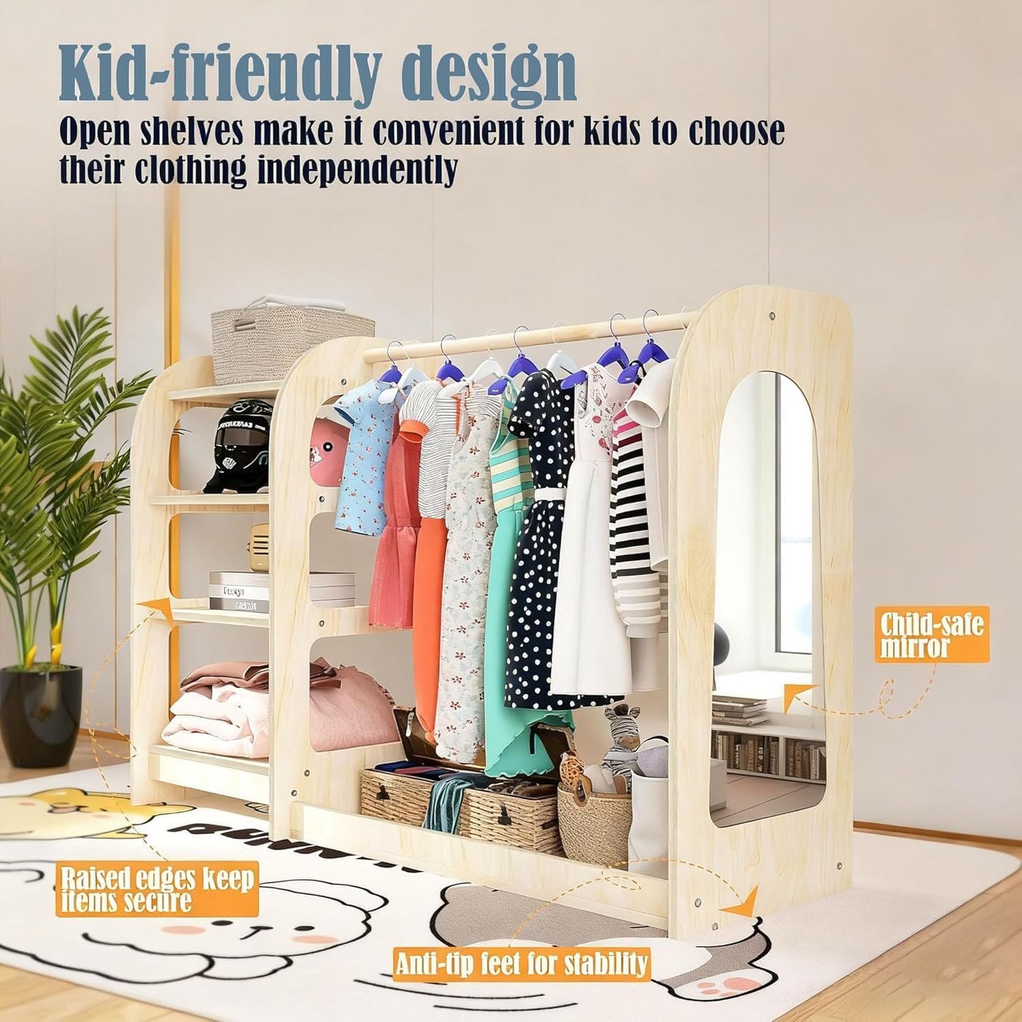 Qifeila Kids Dress Up Storage with Mirror, Wooden Kids Dress Up Rack for Little Girls and Boys, Kid Wardrobe Closet with Storage Shelf