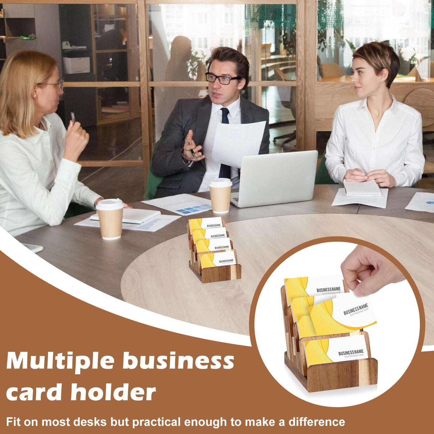 Acacia Wood Business Card Holder 4 Tier Multiple Business Card Display Stands Desktop Business Card Organizer 4 Slots Gift Card Rack Index Card Storage for Office Exhibition Meeting Home Men Women