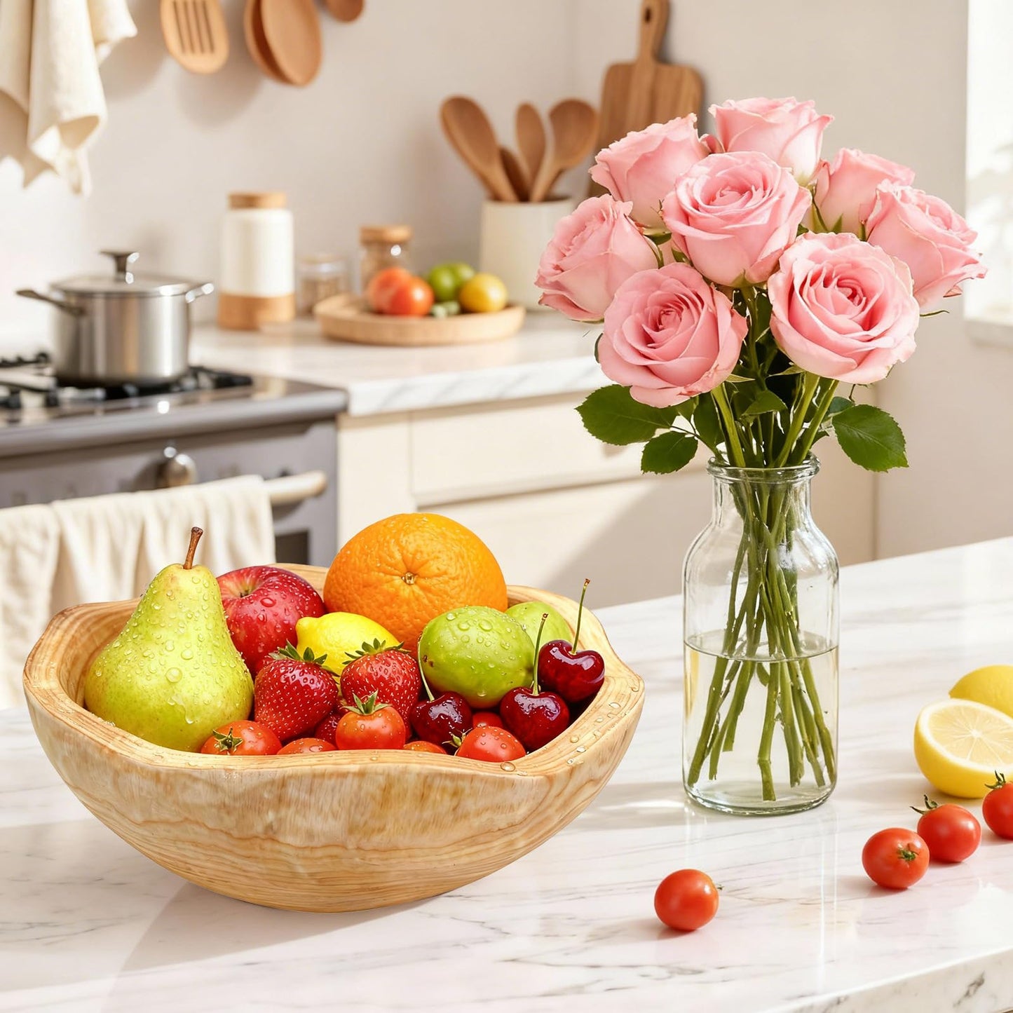 Fakindiy Handmade Wooden Decorative Fruit Bowl 8-10in - Irregular Wood Bowl for Kitchen Counter,Wooden Serving Bowl for Salads Snacks Keys and Home Decor (8-10in/20-24cm)