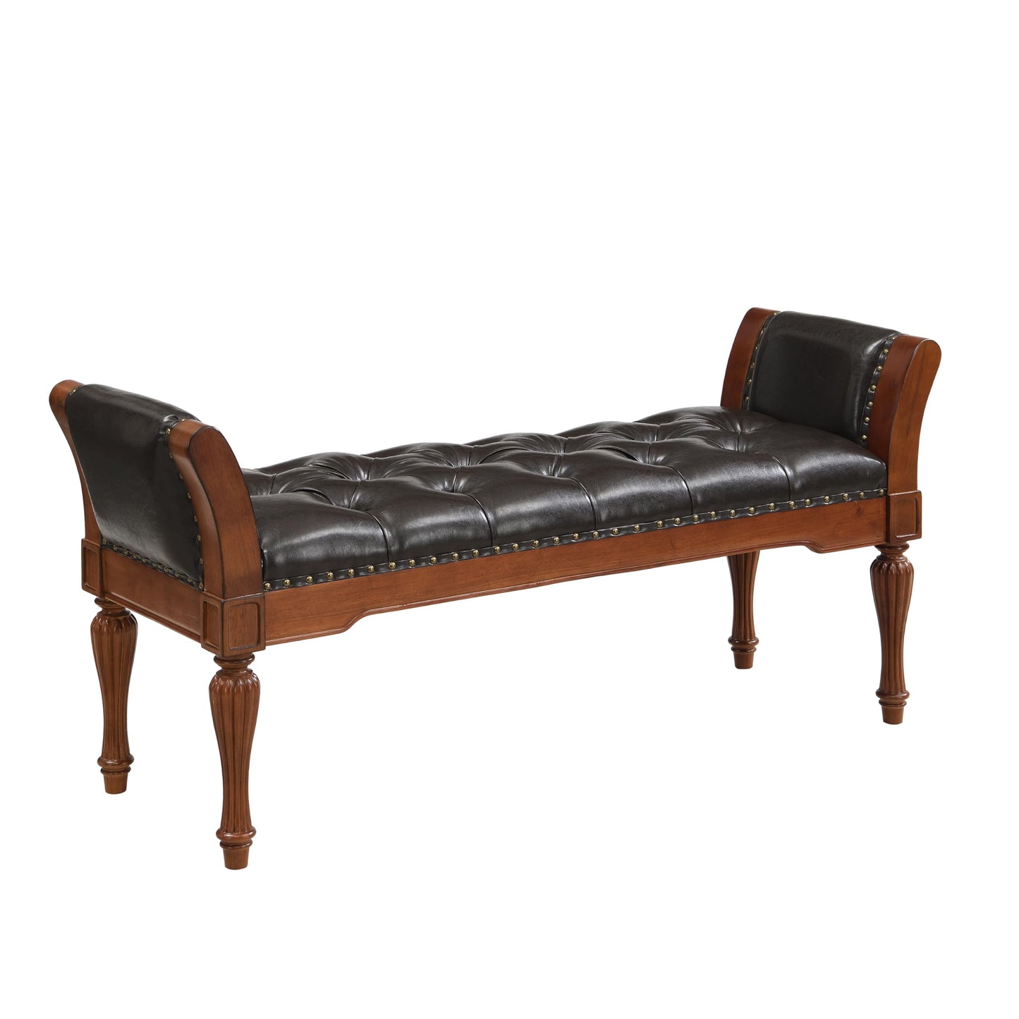 Christopher Knight Home Ionia 54'' Button-Tufted PU Leather Upholstered End of Bed Ottoman with Nailhead Trim, Wooden Living Room Ottoman Bench, Long Entryway Bench with Curved Armrest, Dark Brown