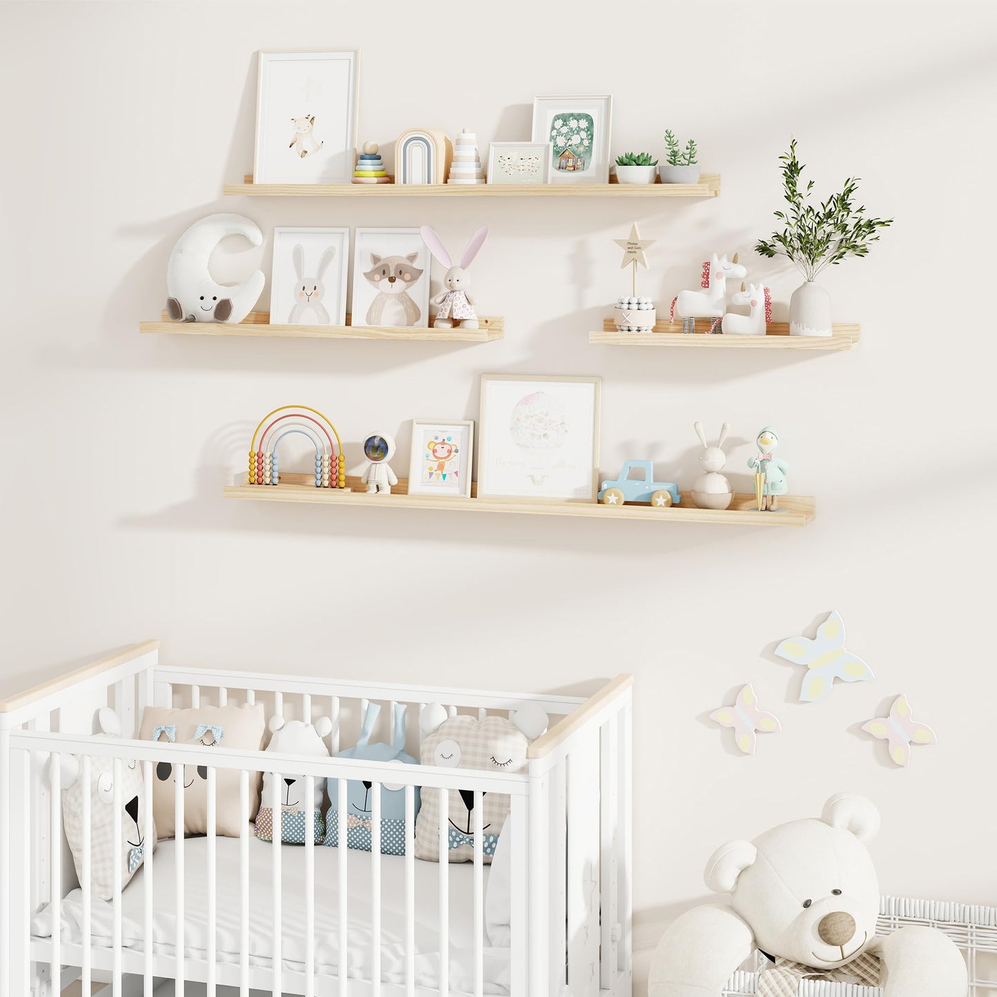 Fun Memories Picture Ledge Shelf, Pine Wood Floating Shelves Set of 2, 36 inch Nursery Book Shelves, Photo Ledge Book Shelves Wall Mounted for Living Room Kids' Room Bedroom - Natural