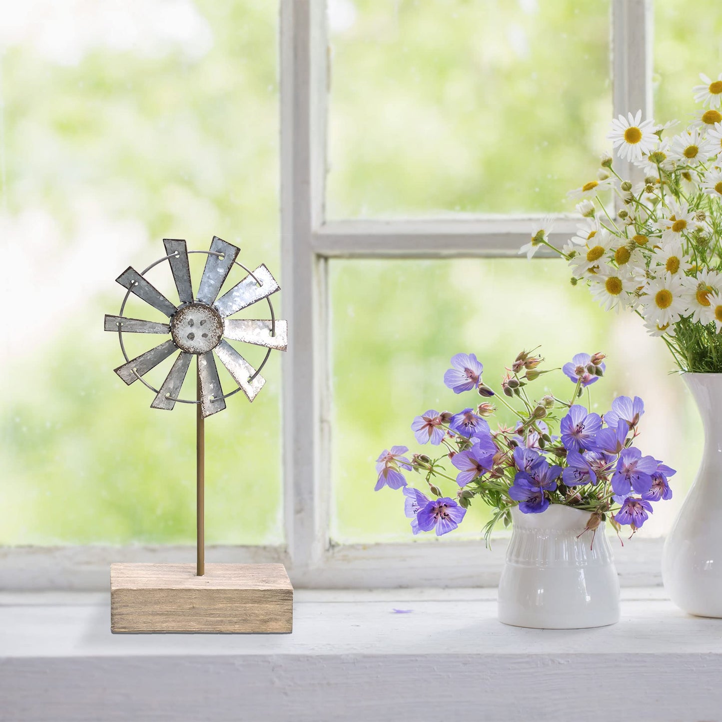 CWI Gifts Simple Windmill Table Sitter - 10 inch Galvanized Metal Windmill - Farmhouse Tabletop Decor