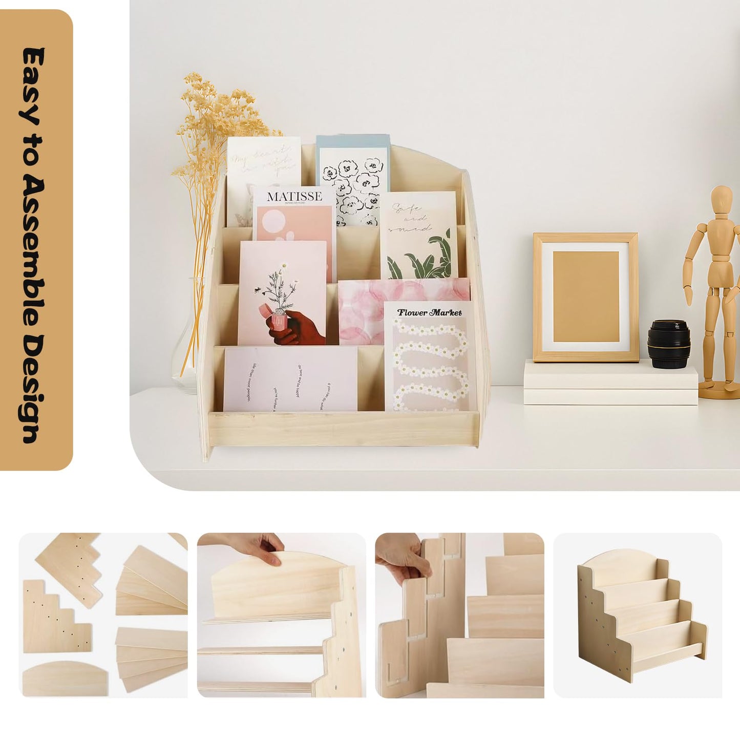 ZHIYUEJING 4-Tier Wooden Greeting Card Display Stand, Sticker Card Display Stand & Postcard Holder,Greeting Card Organizer,Retail Counter Rack for Brochures, Photos, &Stationery